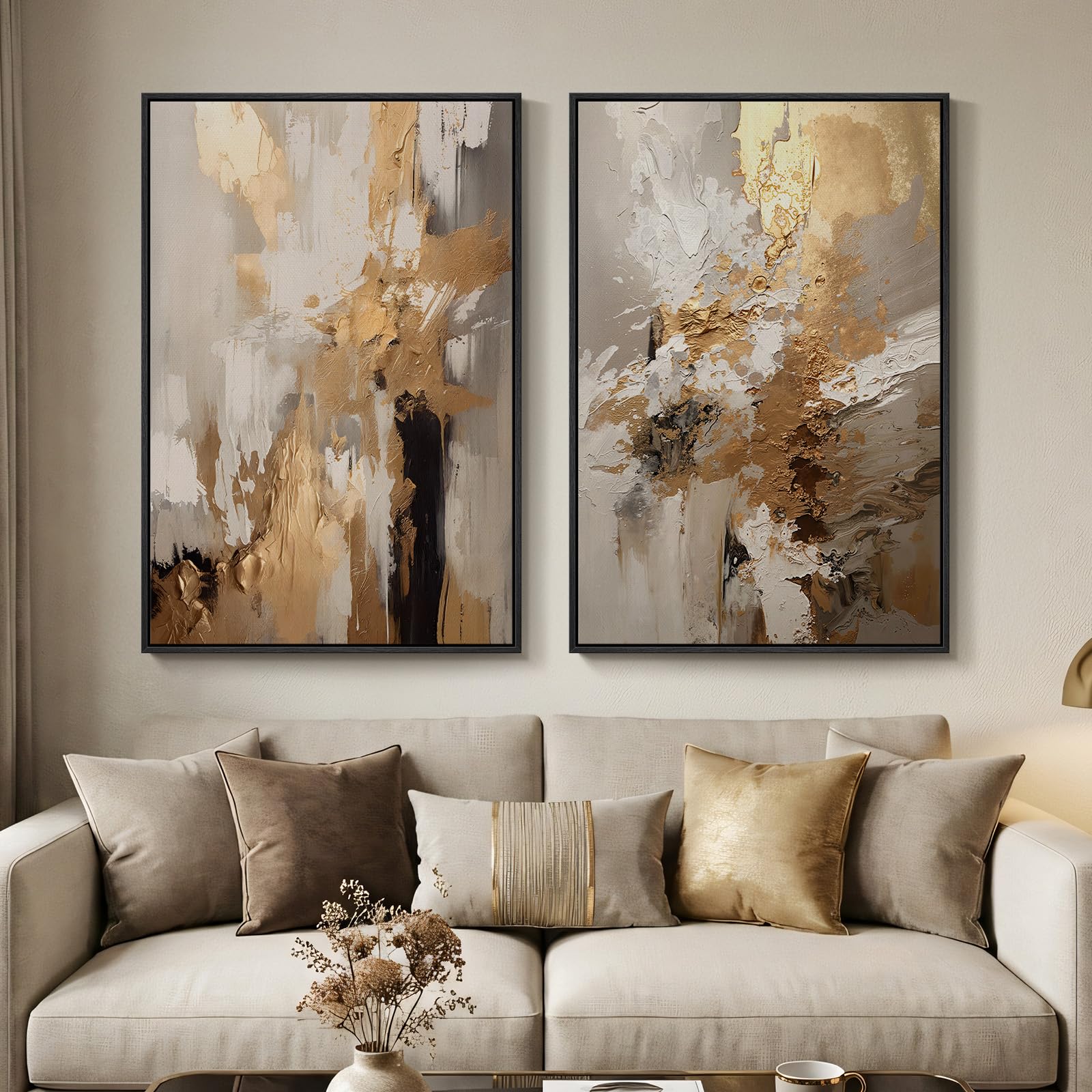 24x36 Inch 2-Piece Framed Black Beige Abstract Canvas Prints, Minimalist Black White Wall Art Decor for Living Room, Dining, Hallway & Bedroom