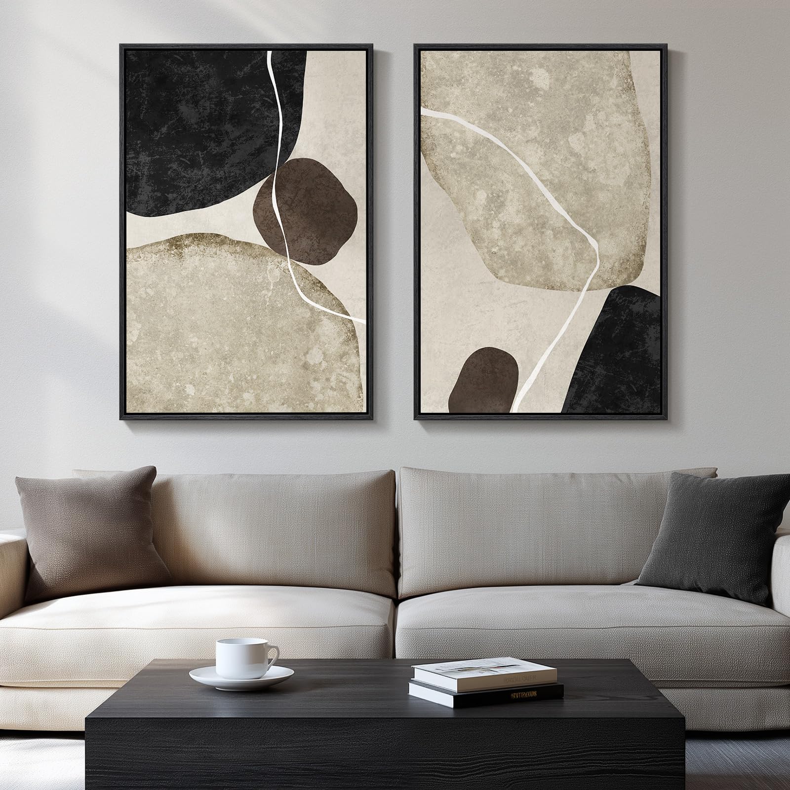 24x36 Inch 2-Piece Framed Black Beige Abstract Canvas Prints, Minimalist Black White Wall Art Decor for Living Room, Dining, Hallway & Bedroom