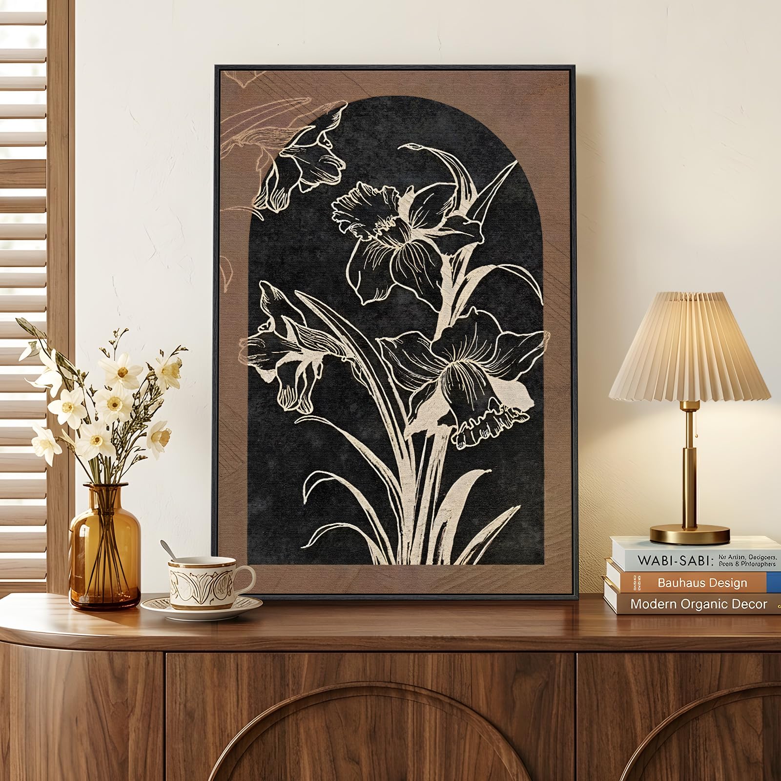Framed Boho Abstract Wall Art for Living Room, Neutral Black Beige Wabi Sabi Botanical Leaf Prints Canvas Artwork for Walls, Minimalist Mid Century Modern Wall Decor for Bedroom Home Office, 24x36 In