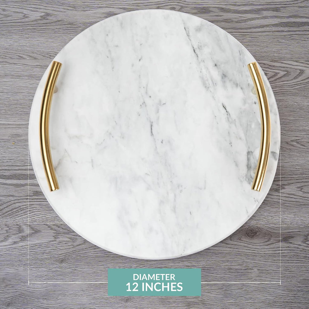 White Marble Tray with Gold Handles - Elegant Solid Marble - Chic Modern Elegant Round Vanity Tray for Bathroom