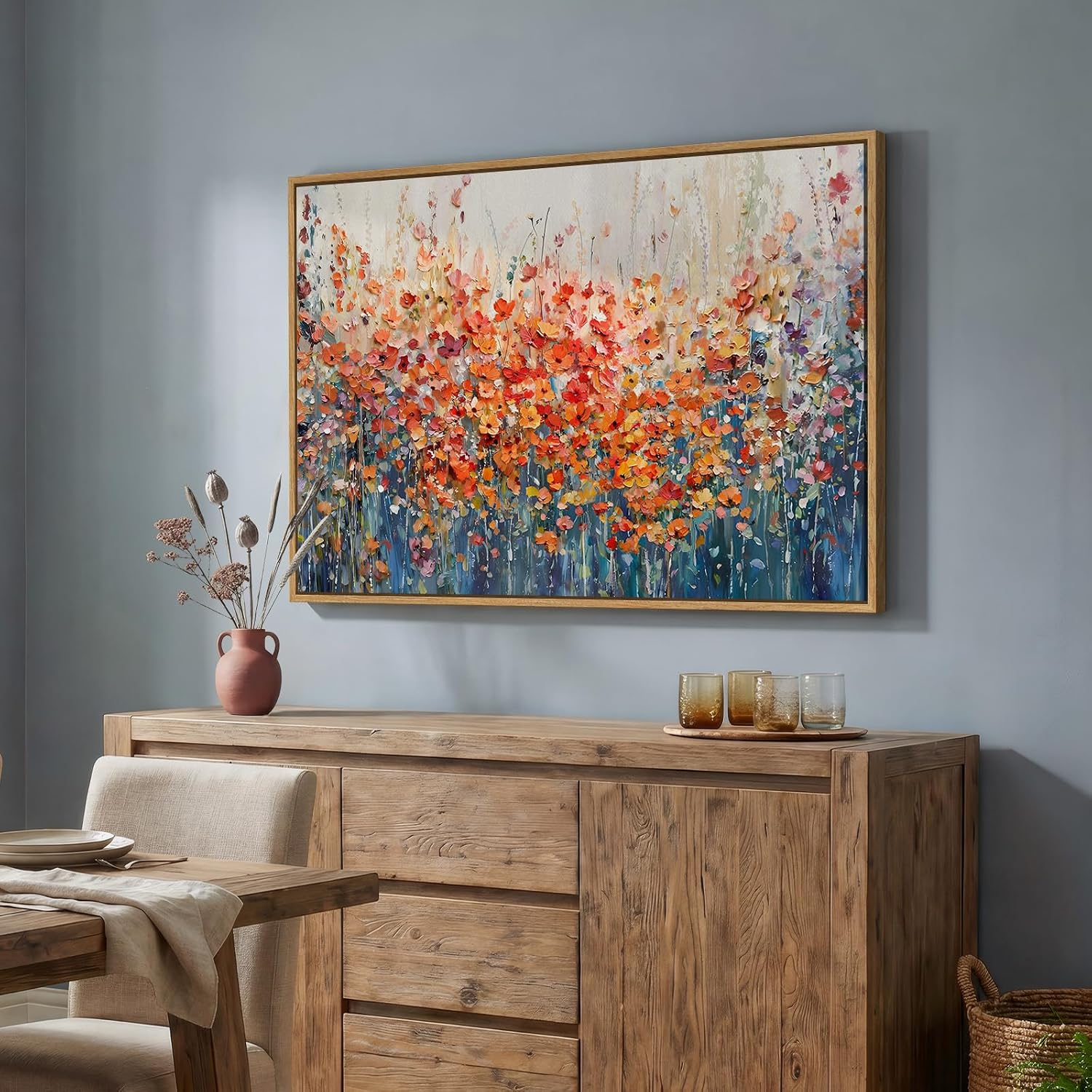 Framed Abstract Flower Wall Art, Colorful Botanical Floral Canvas Painting Prints for Modern Farmhouse Wall Art Decor, Wildflower Pictures for Living Room Bedroom Dining Room Wall Decor, 24x36 Inch