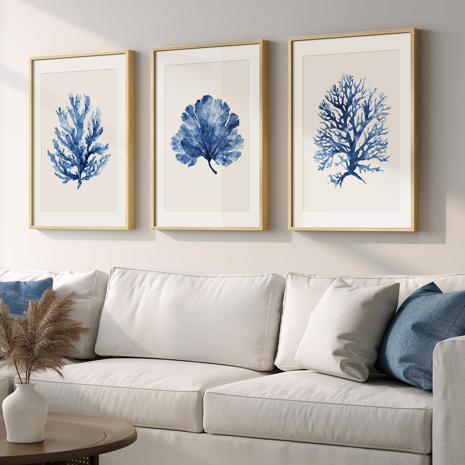 Framed Abstract Coastal Wall Art for Living Room, Large Blue Coastal Landscape Decor, 3 Piece Minimalist Beach Ocean Painting Artwork for Walls, Canvas Prints for Bedroom Hallway Wall Decor, 24x36 In