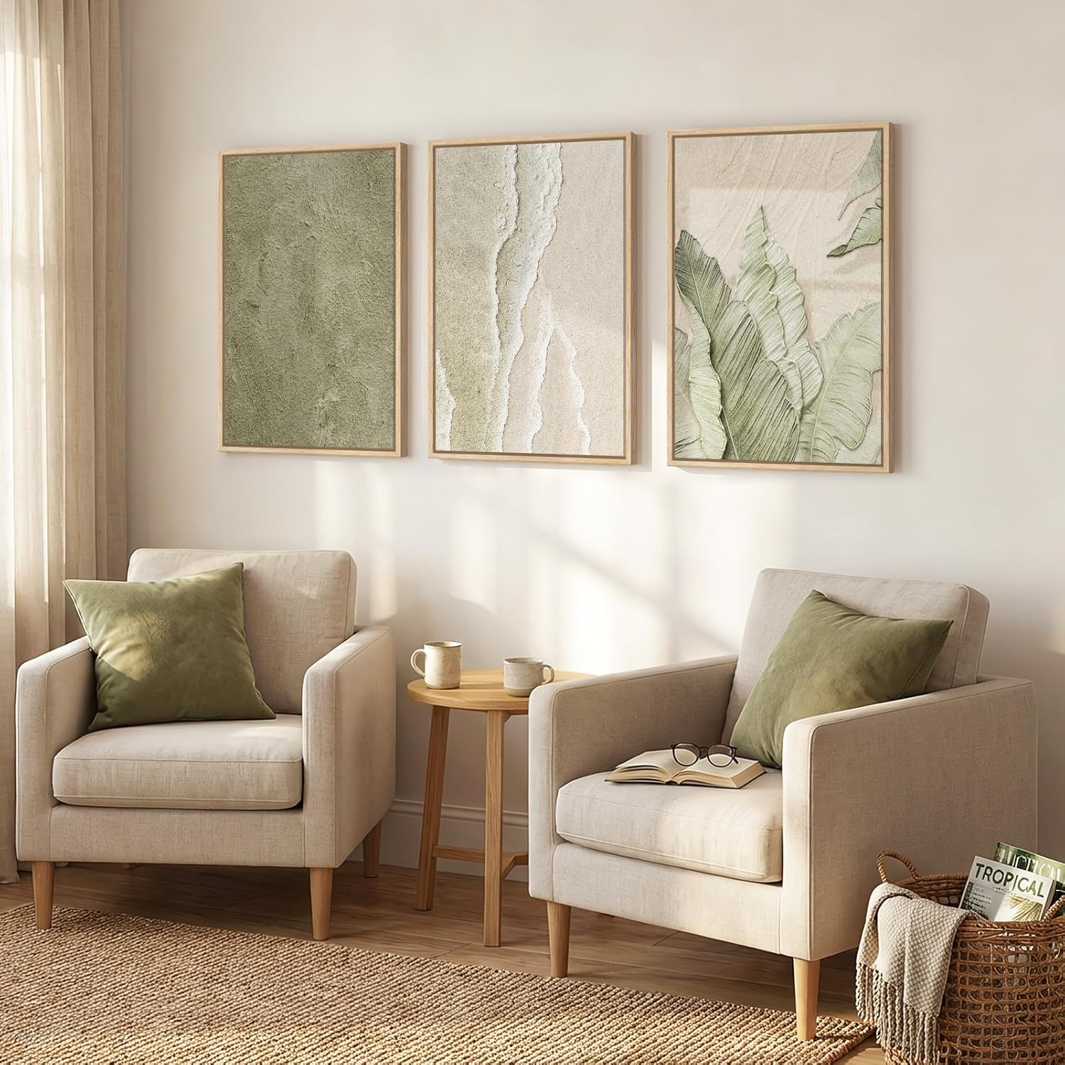 Framed Abstract Sage Green 3 Piece Wall Art for Living Room, Modern Neutral Waves Botanical Canvas Artwork for Walls, Minimalist Wabi Sabi Rustic Nature Print Wall Decor for Bedroom Office, 16x24 Inch