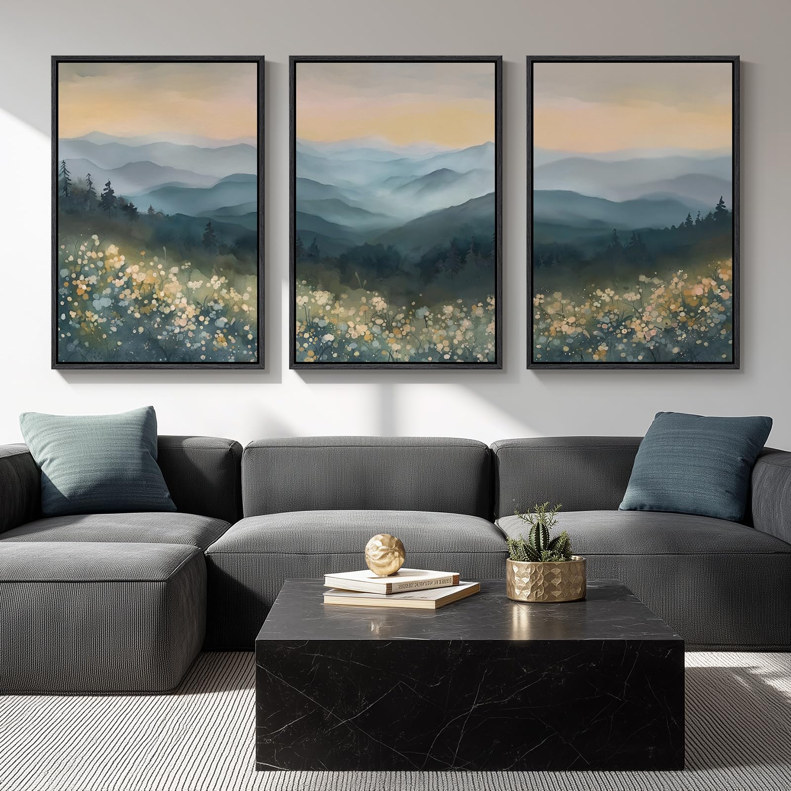 Large Framed Neutral Abstract Landscape Set of 3 Living Room Wall Art, Modern Misty Pine Forest Canvas Artwork for Walls, Beige Rustic Farmhouse Nature Wall Decor for Bedroom Hallway Office, 24x36 In