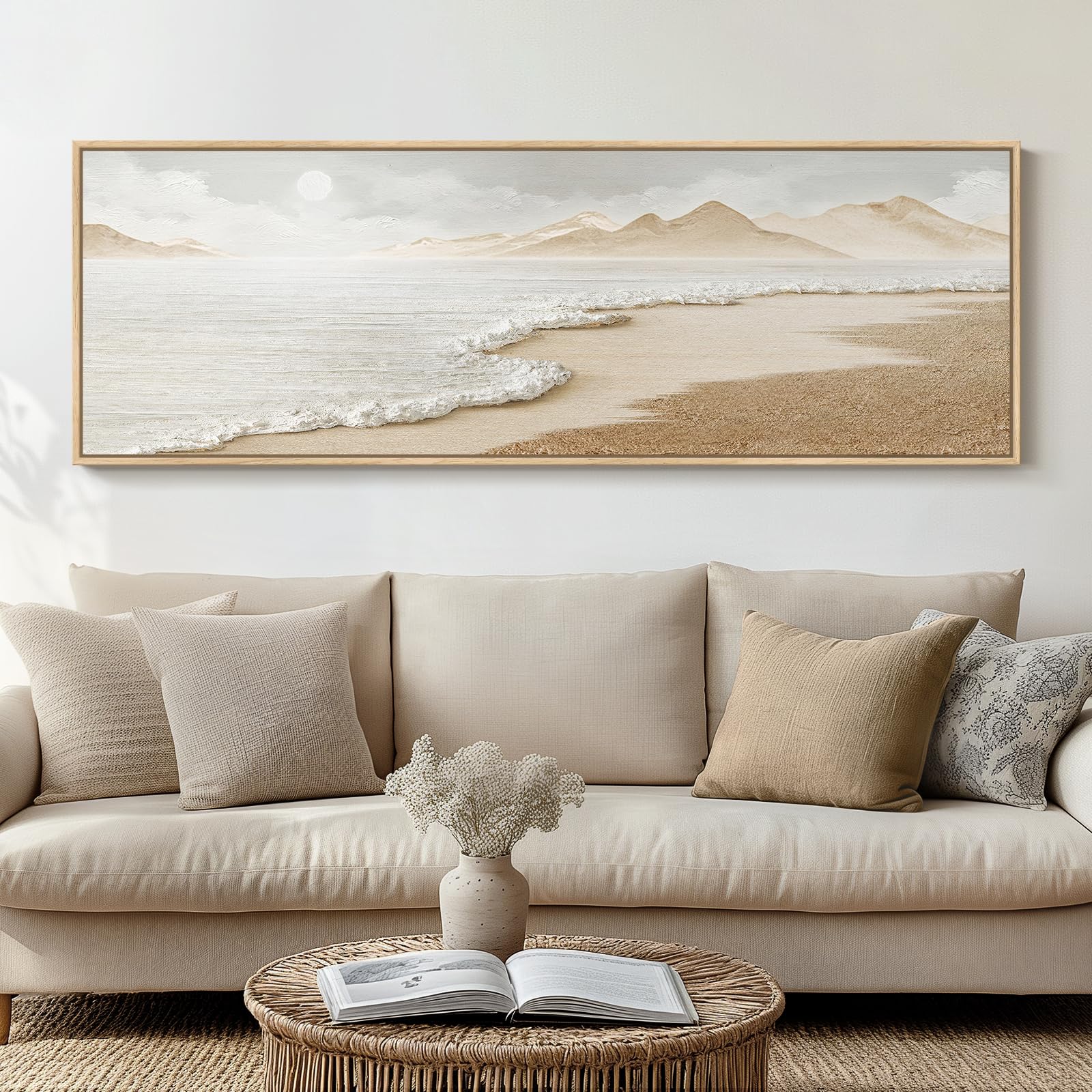 Framed Abstract Coastal Wall Art for Living Room, Large Blue Coastal Landscape Decor, 3 Piece Minimalist Beach Ocean Painting Artwork for Walls, Canvas Prints for Bedroom Hallway Wall Decor, 24x36 In