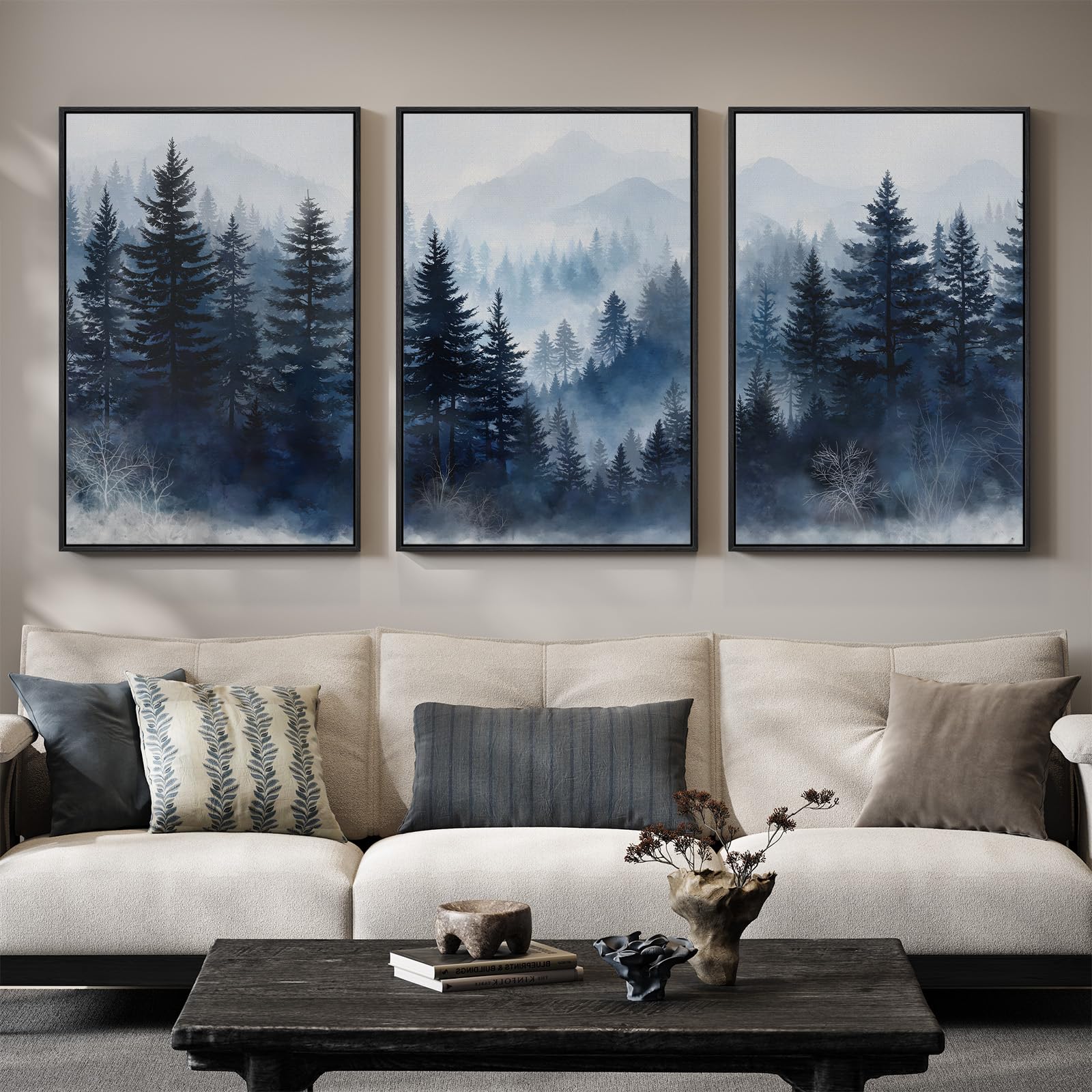 Large Framed Neutral Abstract Landscape Set of 3 Living Room Wall Art, Modern Misty Pine Forest Canvas Artwork for Walls, Beige Rustic Farmhouse Nature Wall Decor for Bedroom Hallway Office, 24x36 In