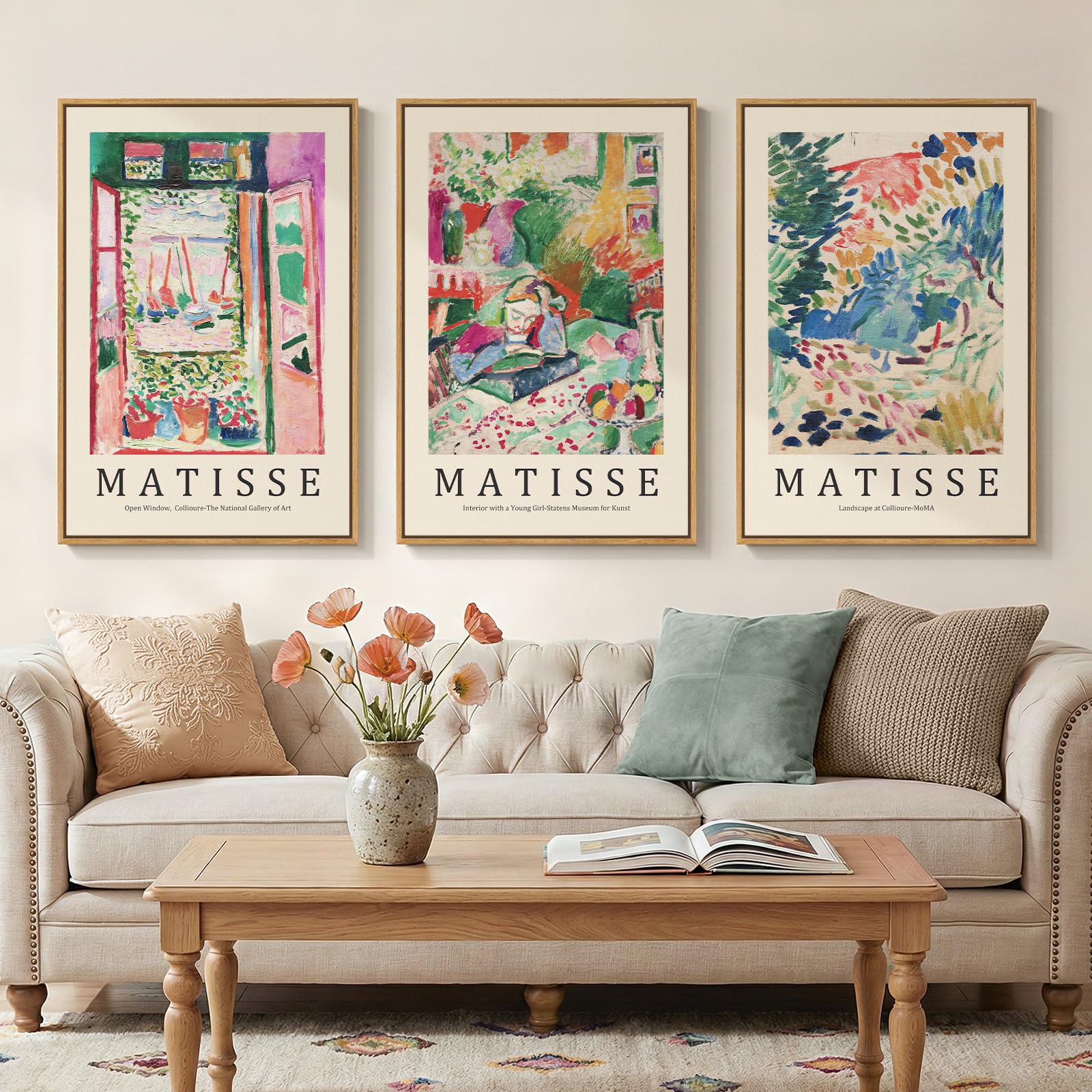 Large Framed Matisse Wall Art for Living room, 3 Piece Colorful Abstract Canvas Artwork for Walls, Retro Vintage Big Matisse Famous Landscape Paintings Prints Pictures for Hallway Home Office 24x36