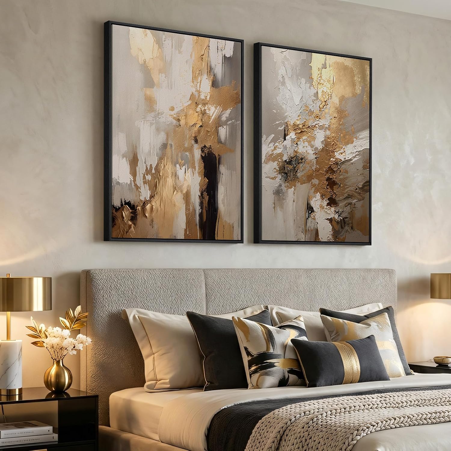 Large Framed Neutral Abstract Wall Art, 2 Piece Modern Canvas Prints Paintings, Beige Gold Abstract Pictures for Living Room Hallway Dining Room Bedroom Office Wall Decor 24x36 In