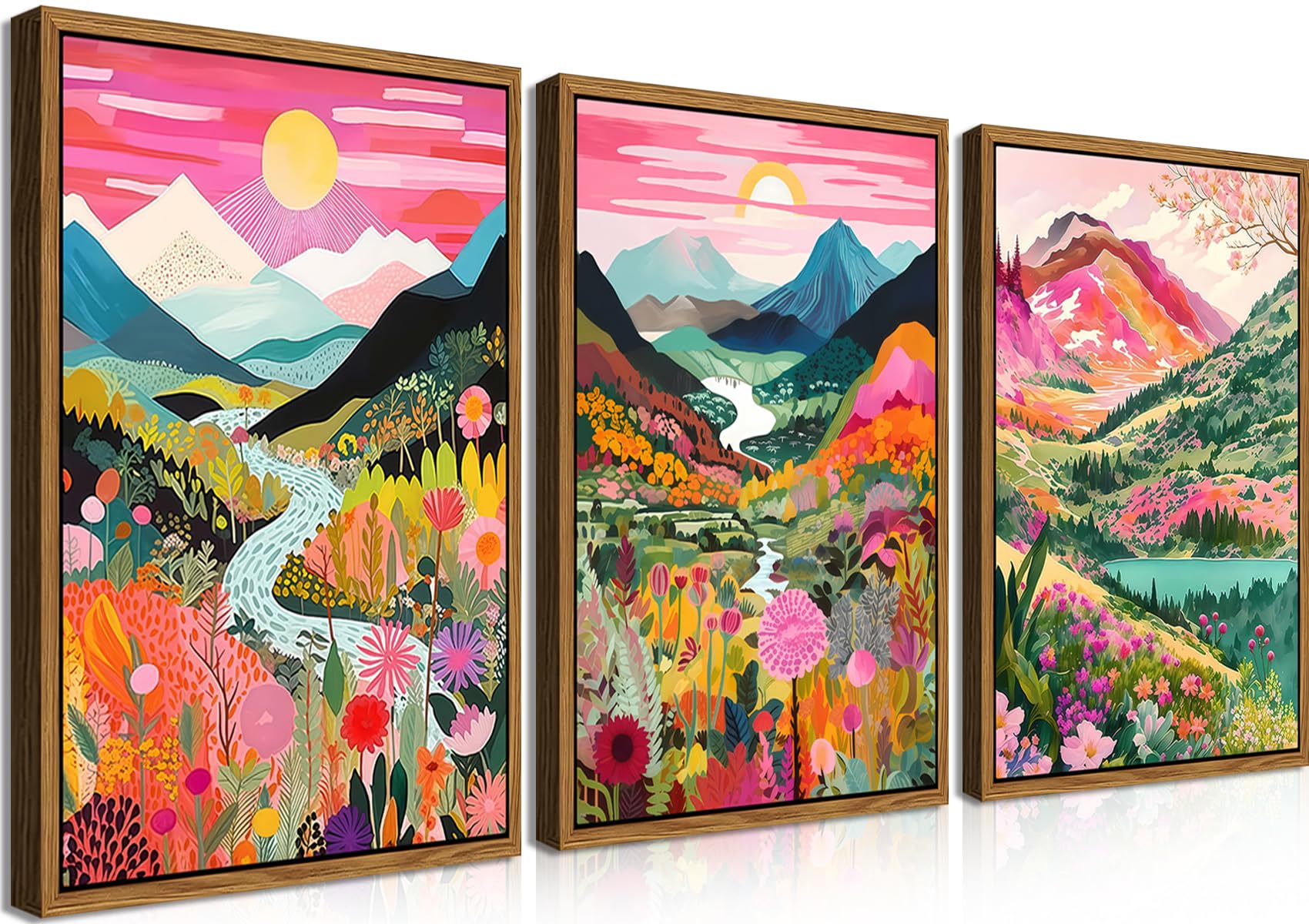 Framed Colorful Floral Wall Art Set of 3, Abstract Scandinavian Flower Canvas Wall Decor Paintings, Mid Century Modern Botanical Artwork Pictures Prints for Living Room Bedroom Dining Room 16x24 Inch