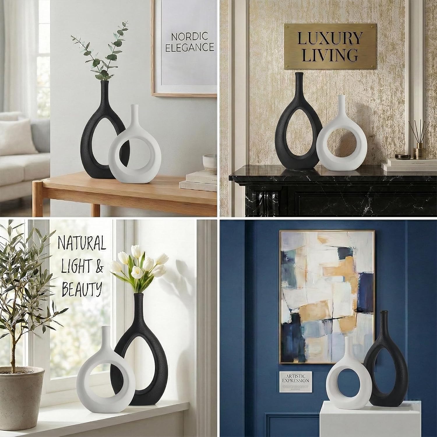 Black and White Ceramic Hollow Elliptical Vase Set of 2 - Boho Circle Vase with Hole, for Modern Black and White Table Decor, Living Room Decor Shelf mid Century Modern Home Entrance Decorative vase
