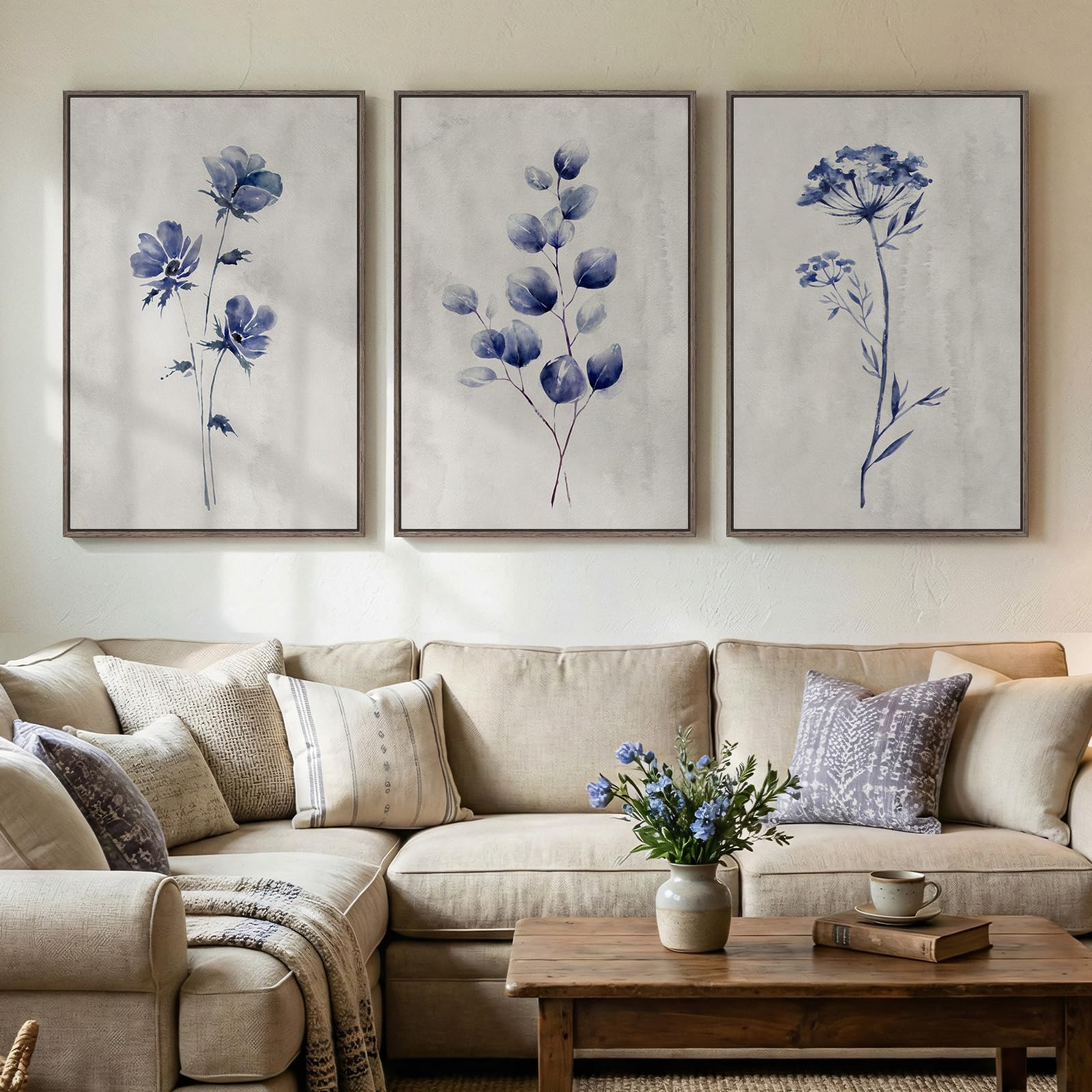 Framed Abstract Sage Green 3 Piece Wall Art for Living Room, Modern Neutral Waves Botanical Canvas Artwork for Walls, Minimalist Wabi Sabi Rustic Nature Print Wall Decor for Bedroom Office, 16x24 Inch
