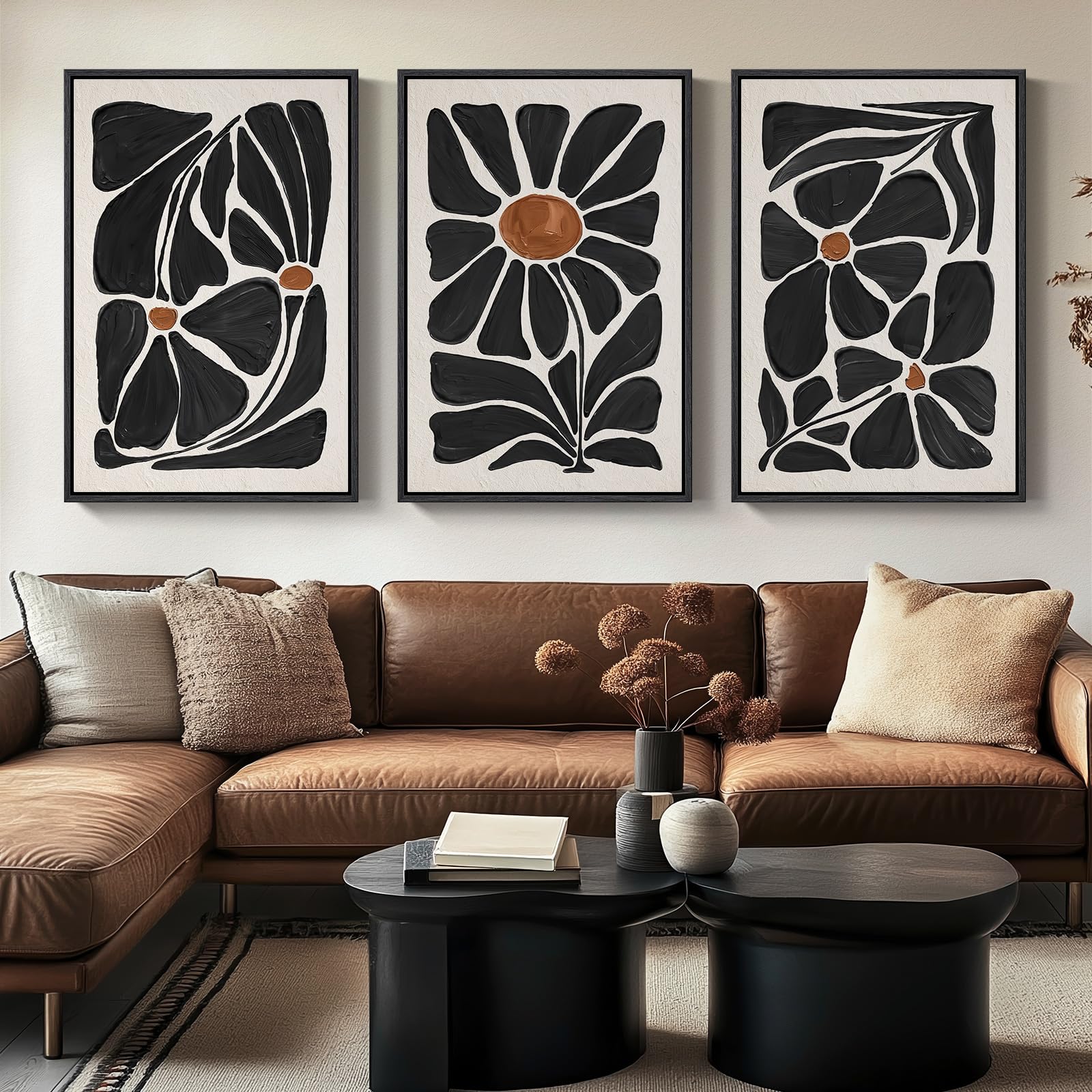 Framed Abstract Sage Green 3 Piece Wall Art for Living Room, Modern Neutral Waves Botanical Canvas Artwork for Walls, Minimalist Wabi Sabi Rustic Nature Print Wall Decor for Bedroom Office, 16x24 Inch