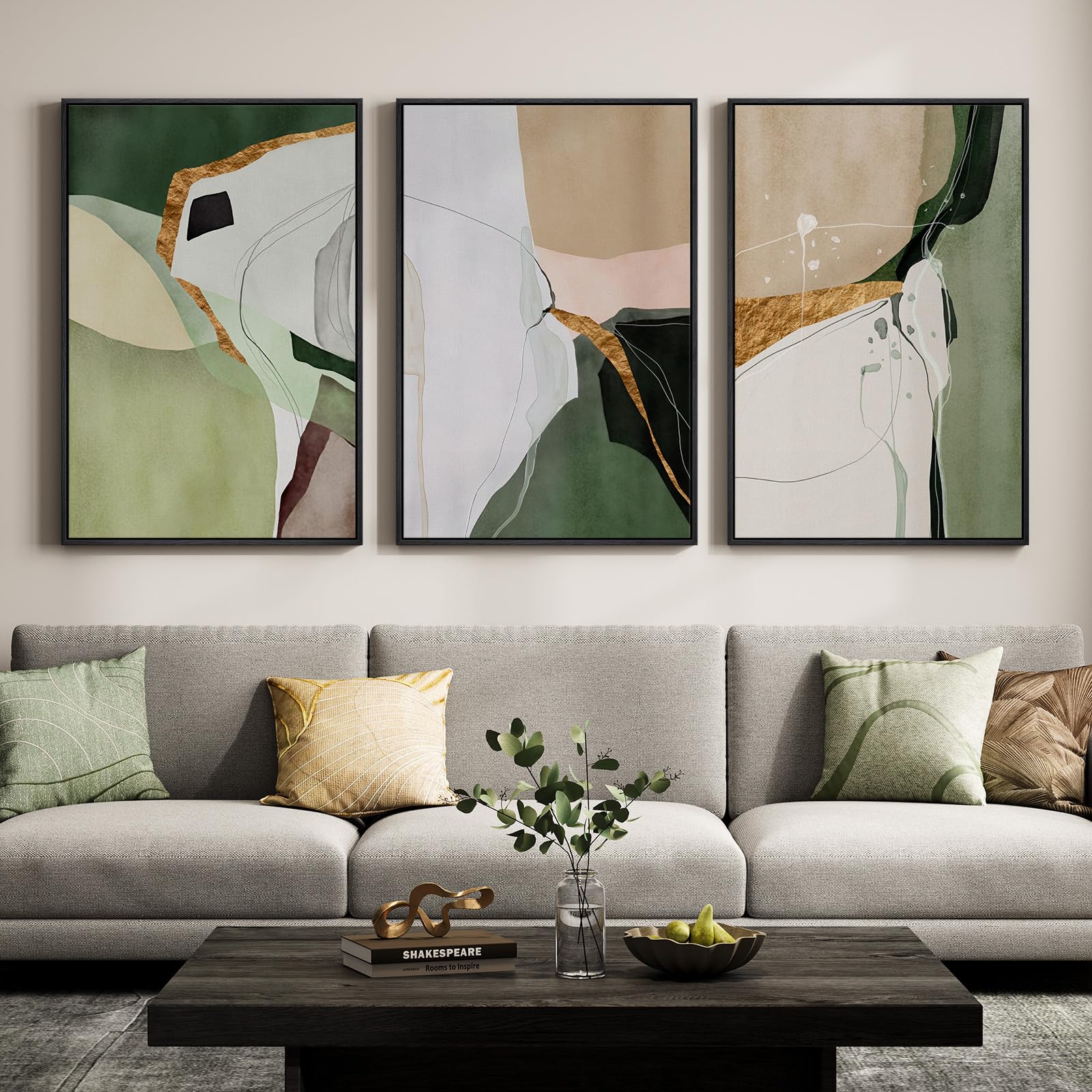 Large Framed Blue and Neutral Abstract Wall Art for Living Room, 3 Piece Modern Canvas Prints Paintings Artwork for Walls, Minimalist Pictures for Bedroom Dining Room Hallway Wall Decor 24x36 Inch