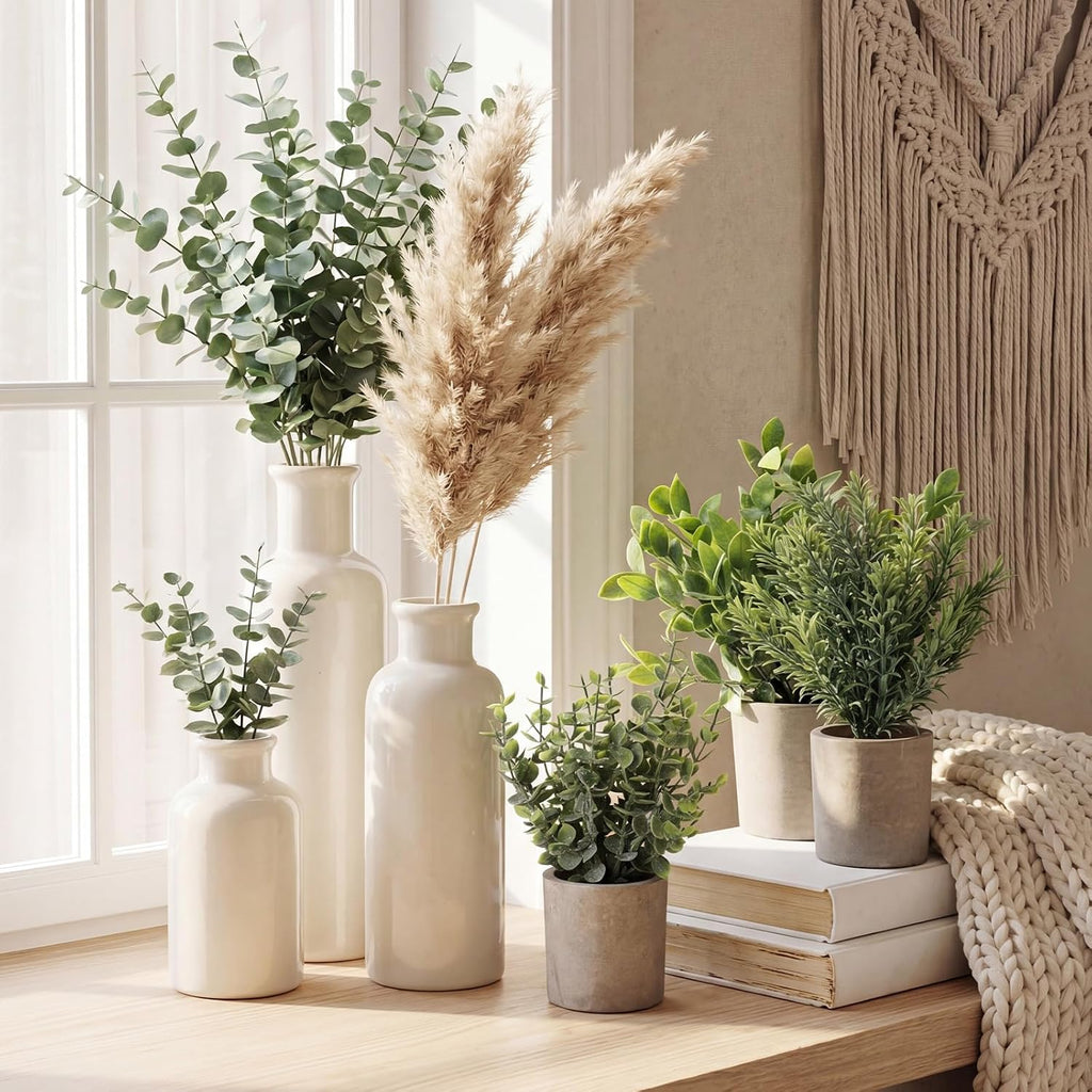 6 Pcs Rustic Boho Table Decor Set Includes Boho White Ceramic Vases and Mini Artificial Potted Plants for Living Room Weeding, Office Desk, Farmhouse Bathroom, and Kitchen Decor