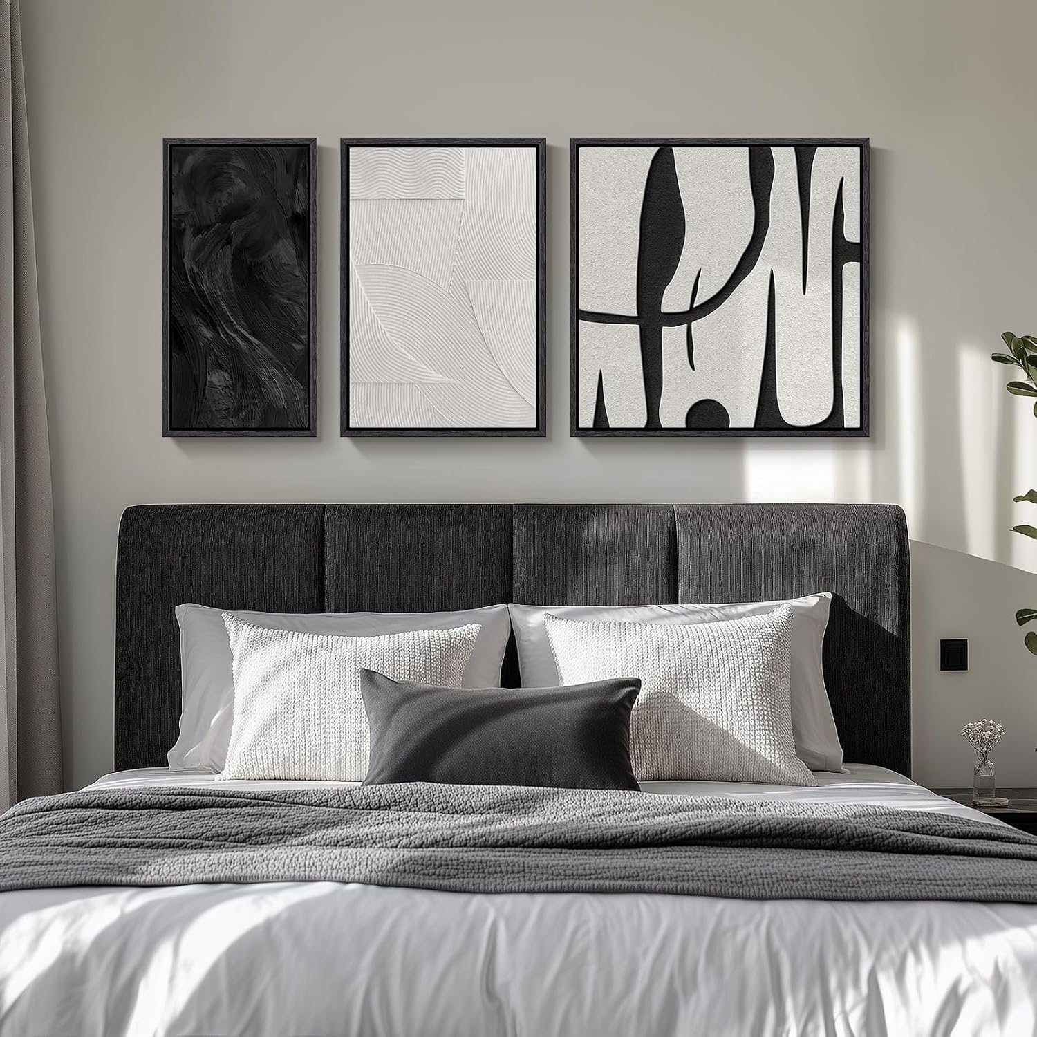 Framed Black and White Abstract Wall Art for Living Room, 3 Piece Canvas Prints Paintings Artwork for Walls, Modern Minimalist Abstract Pictures for Bedroom, Dining Room, Office Wall Decor