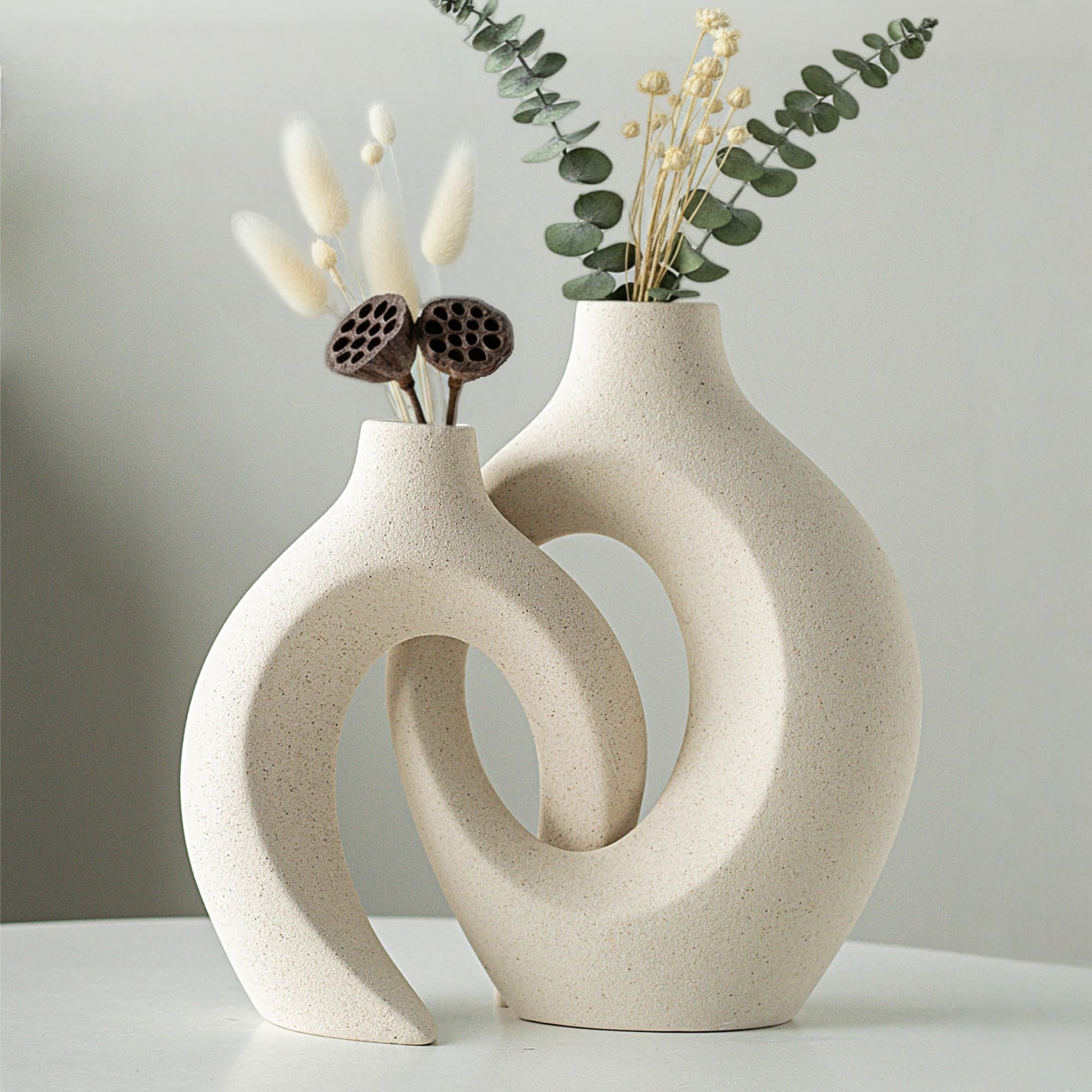Levvohd XL Black Ceramic Vase Set of 2 for Modern Home Decor, Neutral Boho Round Donut Pampas Grass Vases, Nordic Aesthetic Vase, for Living Room Coffee Table Fire Place Book Style Shelf (H 11.1")