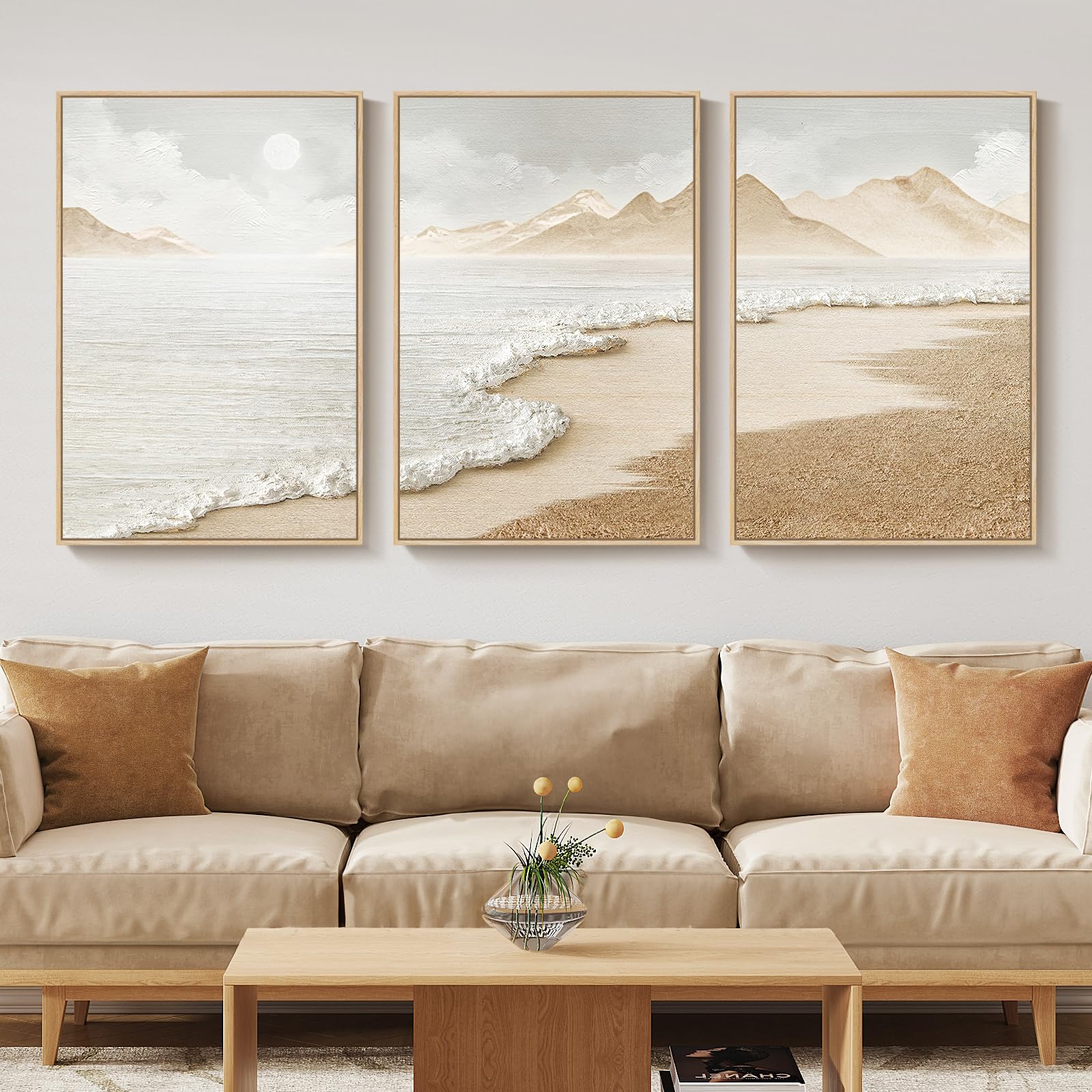 Framed Abstract Coastal Wall Art for Living Room, Large Blue Coastal Landscape Decor, 3 Piece Minimalist Beach Ocean Painting Artwork for Walls, Canvas Prints for Bedroom Hallway Wall Decor, 24x36 In