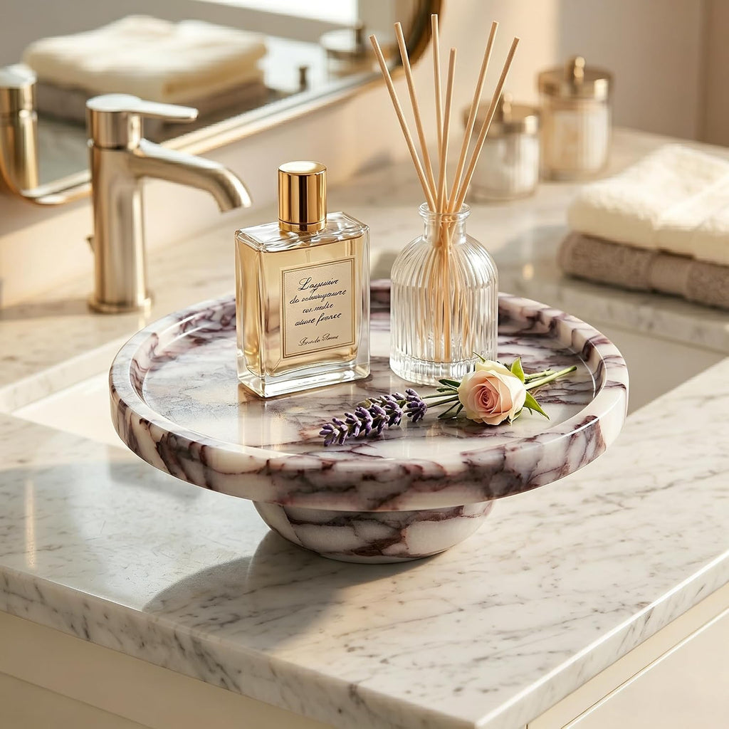 Natural Marble Tray with Legs, 7 Inch Round Marble Tray for Bathroom Counter, Vanity Perfume Decorative Tray for Candle, Jewelry & Keys Catchall for Coffee Table Decor, Living Room, Entryway