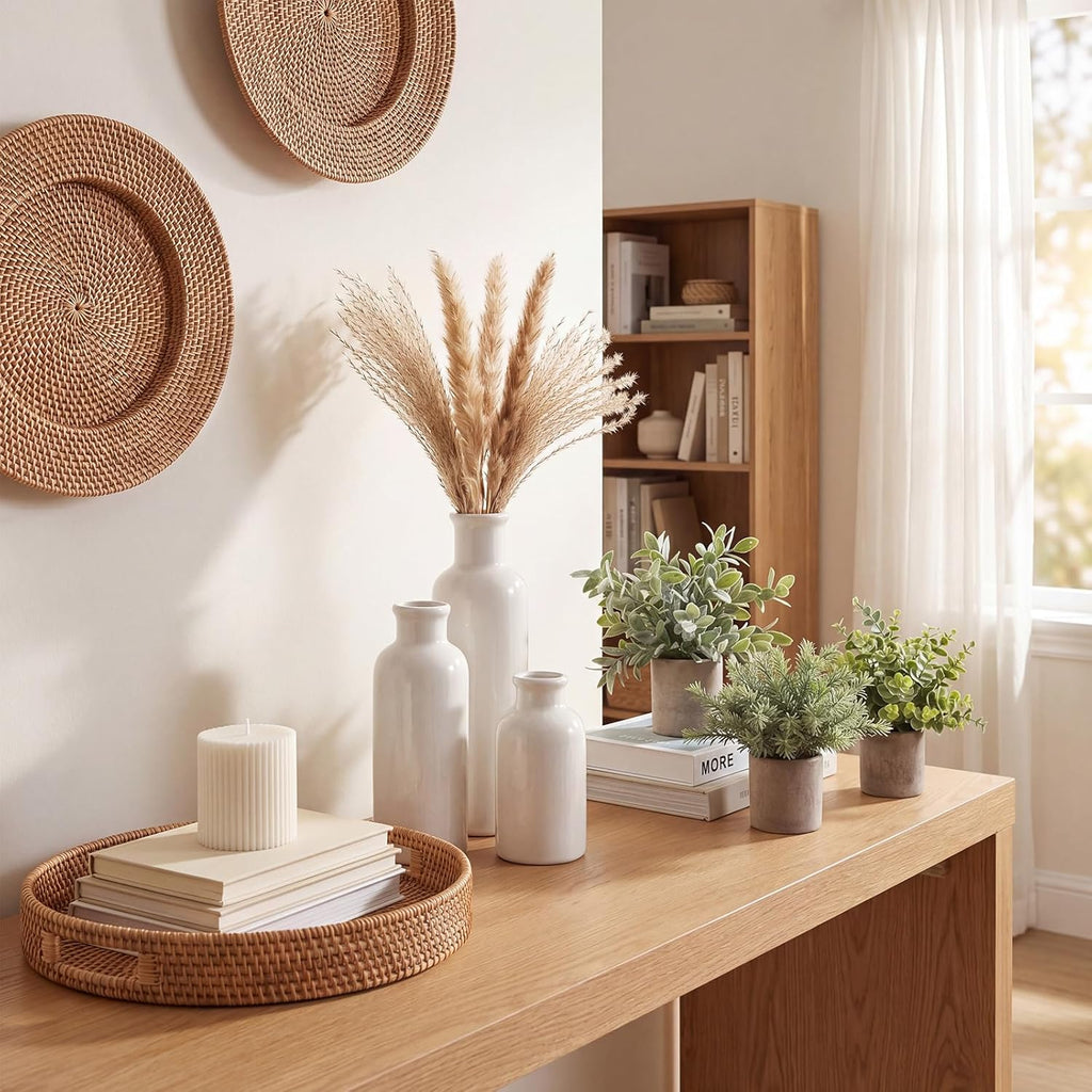 6 Pcs Rustic Boho Table Decor Set Includes Boho White Ceramic Vases and Mini Artificial Potted Plants for Living Room Weeding, Office Desk, Farmhouse Bathroom, and Kitchen Decor