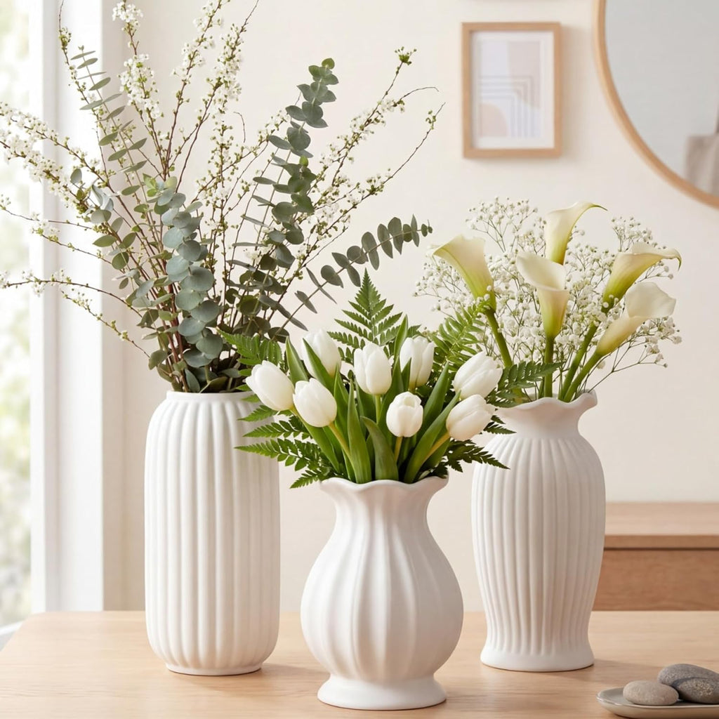 3 Pcs Vase Modern Fluted Ribbed Textured Boho Decorative Vase for Flowers Living Room Home Cabinet Table Centerpieces Wedding Kitchen Office(Milk White Vertical)
