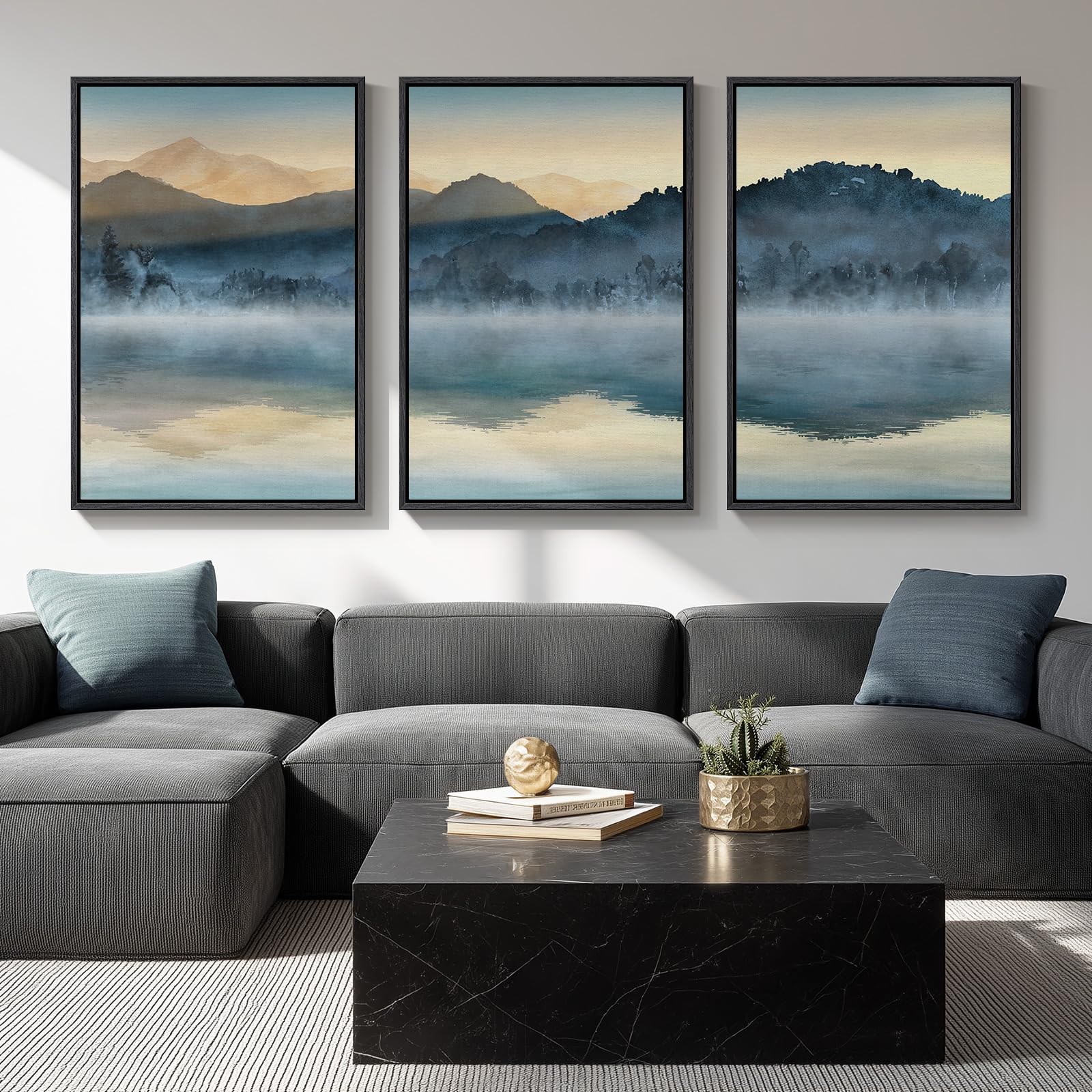 Large Framed Neutral Abstract Landscape Set of 3 Living Room Wall Art, Modern Misty Pine Forest Canvas Artwork for Walls, Beige Rustic Farmhouse Nature Wall Decor for Bedroom Hallway Office, 24x36 In