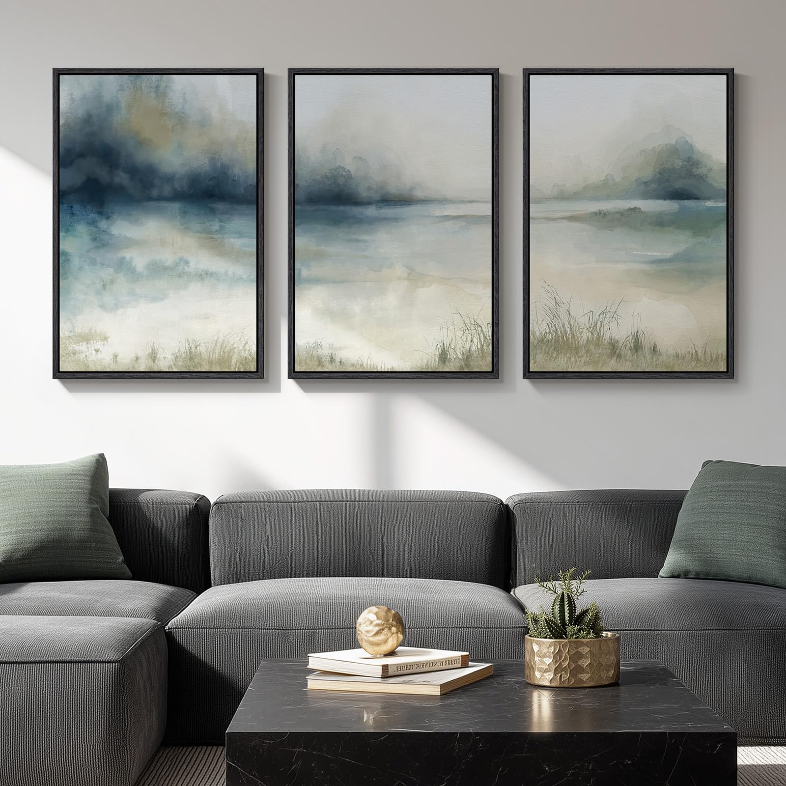Large Framed Blue and Neutral Abstract Wall Art for Living Room, 3 Piece Modern Canvas Prints Paintings Artwork for Walls, Minimalist Pictures for Bedroom Dining Room Hallway Wall Decor 24x36 Inch