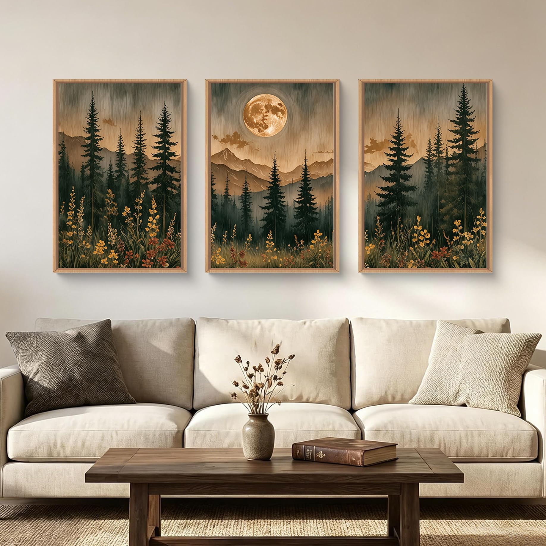 HOURIA Abstract Neutral Vintage Earth Tone Framed Canvas Wall Art Set,Modern Minimalist Rustic Brown Beige Wall Decor,Wabi Sabi Textured Brushstroke Artwork for Living Room,Bedroom,Farmhouse-24"x36"x3