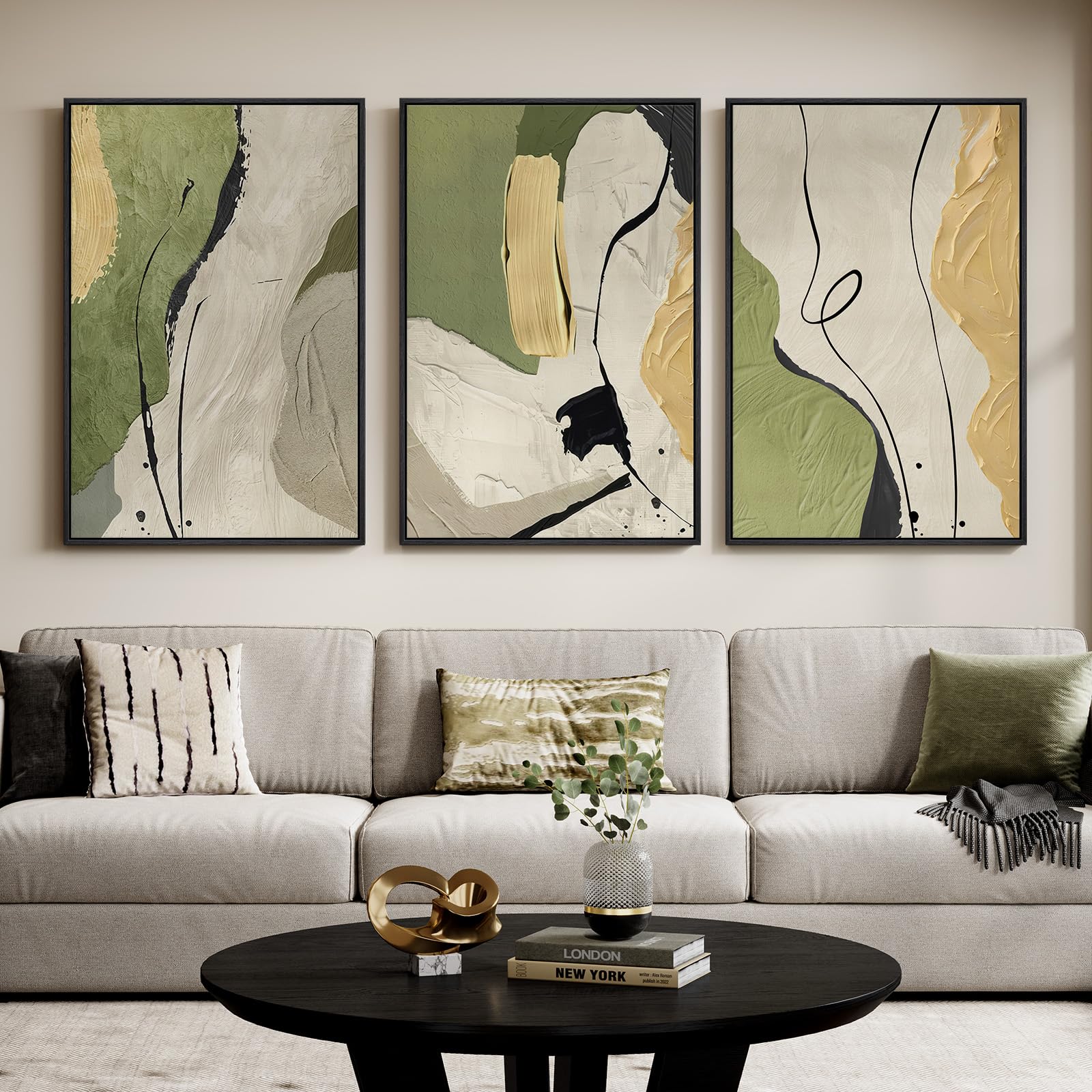 Large Framed Blue and Neutral Abstract Wall Art for Living Room, 3 Piece Modern Canvas Prints Paintings Artwork for Walls, Minimalist Pictures for Bedroom Dining Room Hallway Wall Decor 24x36 Inch