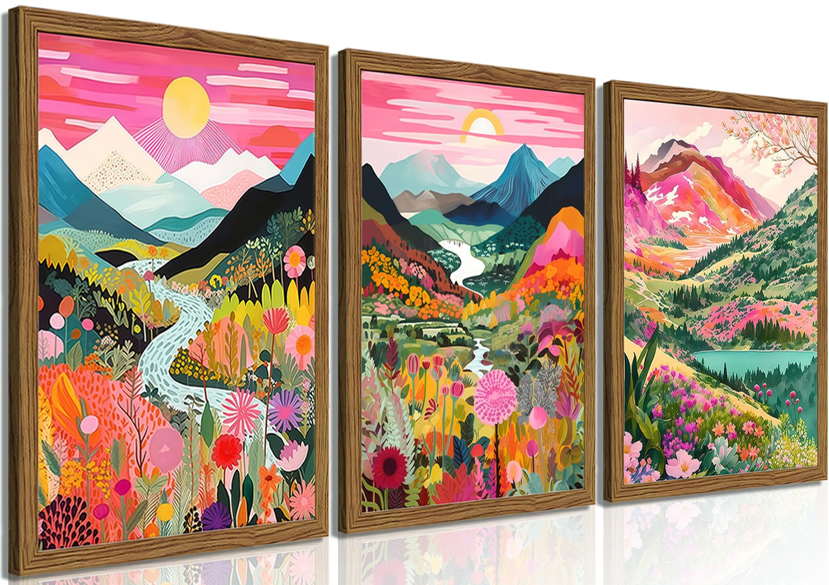 Framed Colorful Floral Wall Art Set of 3, Abstract Scandinavian Flower Canvas Wall Decor Paintings, Mid Century Modern Botanical Artwork Pictures Prints for Living Room Bedroom Dining Room 16x24 Inch