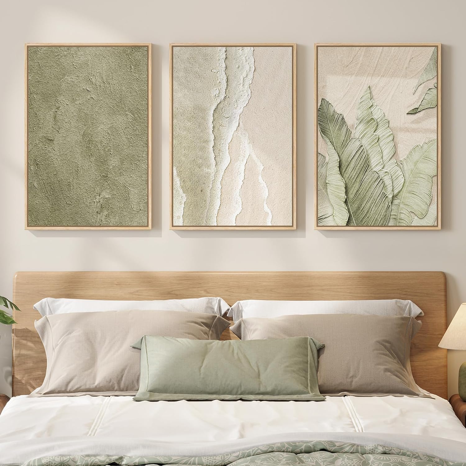 Framed Abstract Sage Green 3 Piece Wall Art for Living Room, Modern Neutral Waves Botanical Canvas Artwork for Walls, Minimalist Wabi Sabi Rustic Nature Print Wall Decor for Bedroom Office, 16x24 Inch