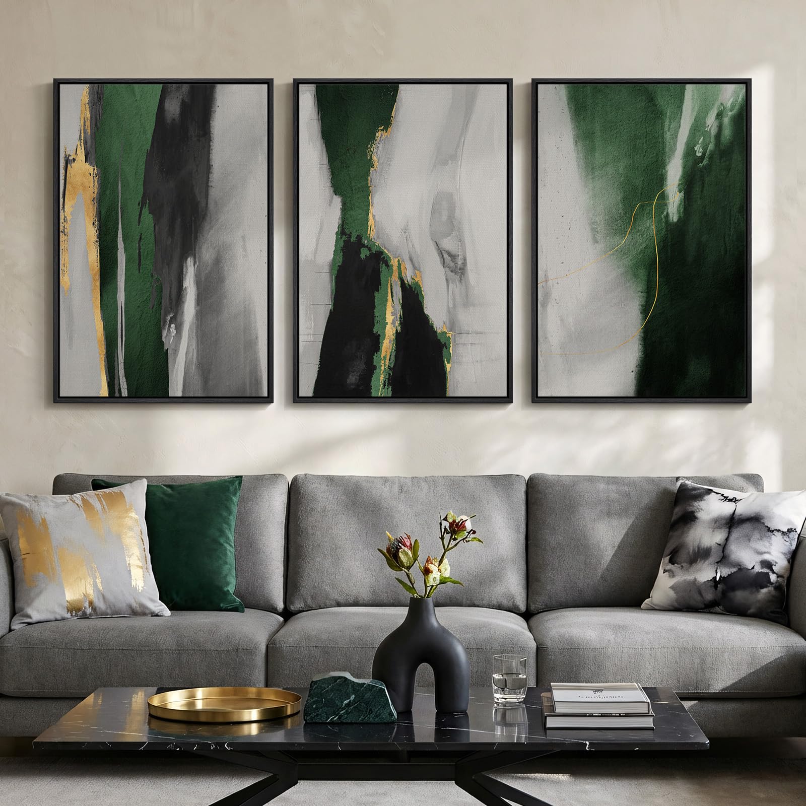 Large Framed Blue and Neutral Abstract Wall Art for Living Room, 3 Piece Modern Canvas Prints Paintings Artwork for Walls, Minimalist Pictures for Bedroom Dining Room Hallway Wall Decor 24x36 Inch