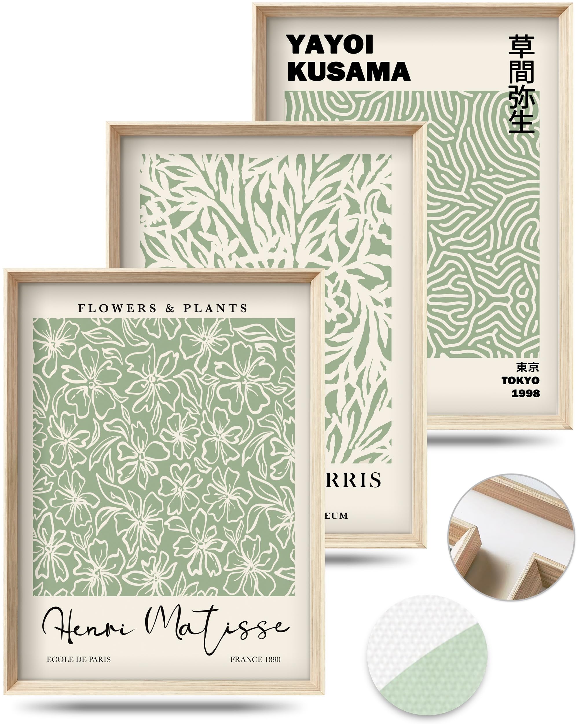 HesenDot Abstract Botanical Wall Art Set of 3, 30x40CM Neutral Plant Framed Canvas Prints, Beige Green Boho Aesthetic Wall Decor for Living Room Bedroom Bathroom Office Home
