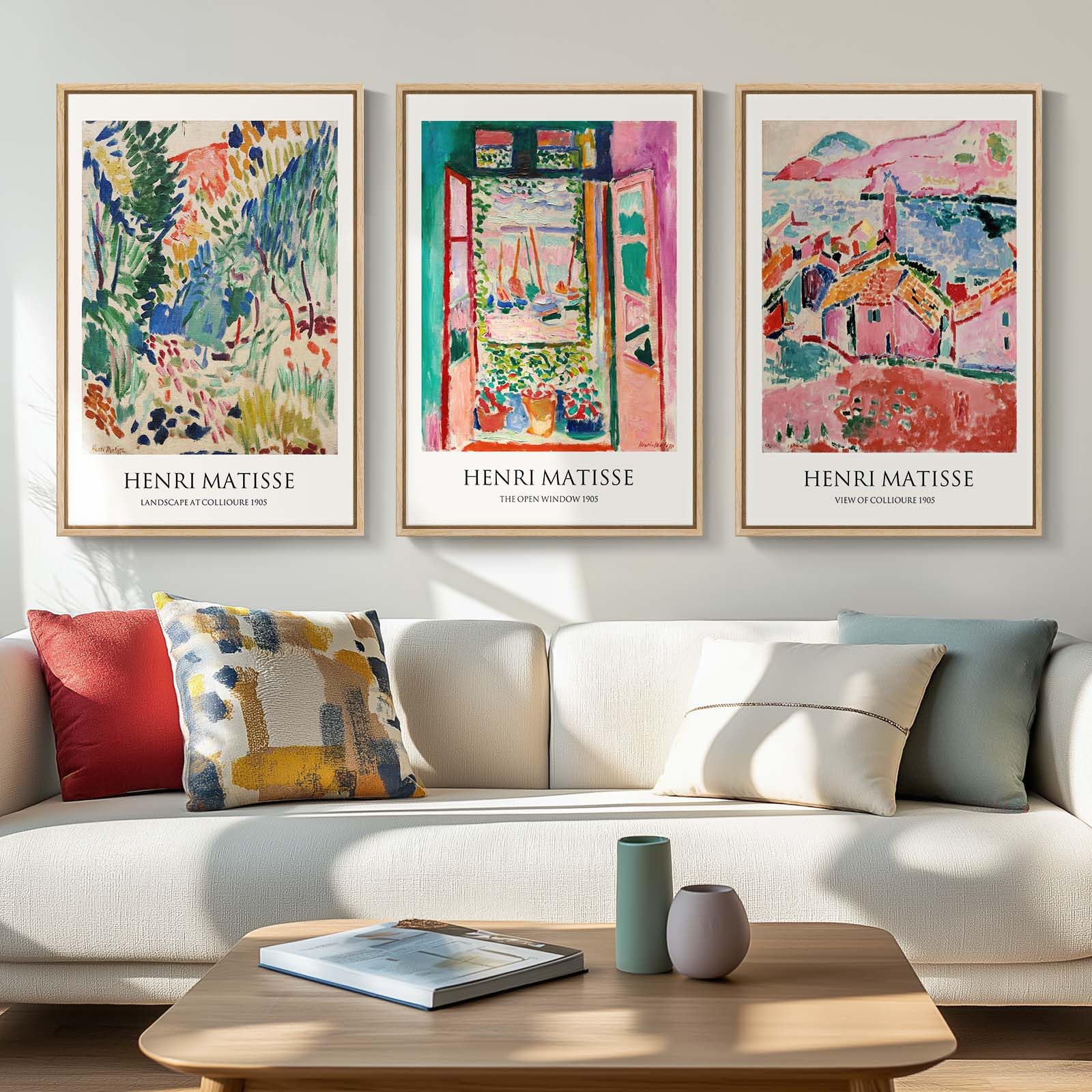 Large Framed Matisse Wall Art for Living room, 3 Piece Colorful Abstract Canvas Artwork for Walls, Retro Vintage Big Matisse Famous Landscape Paintings Prints Pictures for Hallway Home Office 24x36