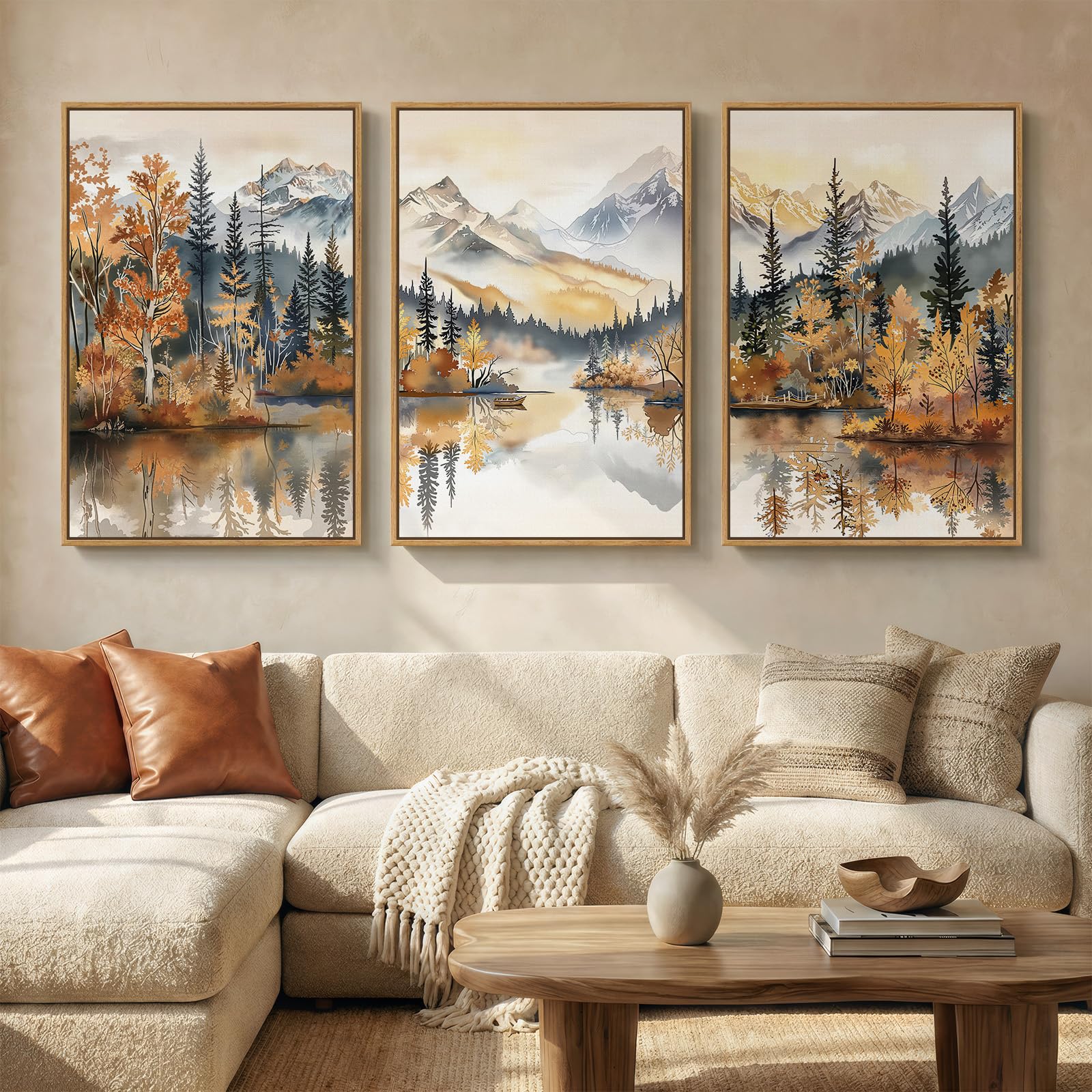 Large Framed Neutral Abstract Landscape Set of 3 Living Room Wall Art, Modern Misty Pine Forest Canvas Artwork for Walls, Beige Rustic Farmhouse Nature Wall Decor for Bedroom Hallway Office, 24x36 In