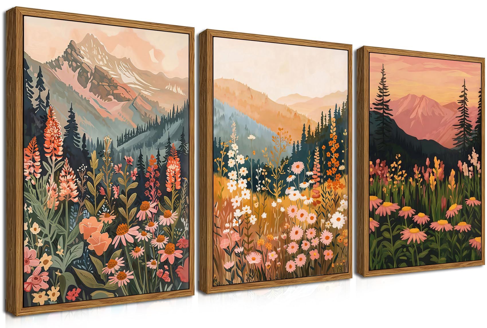 Framed Colorful Floral Wall Art Set of 3, Abstract Scandinavian Flower Canvas Wall Decor Paintings, Mid Century Modern Botanical Artwork Pictures Prints for Living Room Bedroom Dining Room 16x24 Inch