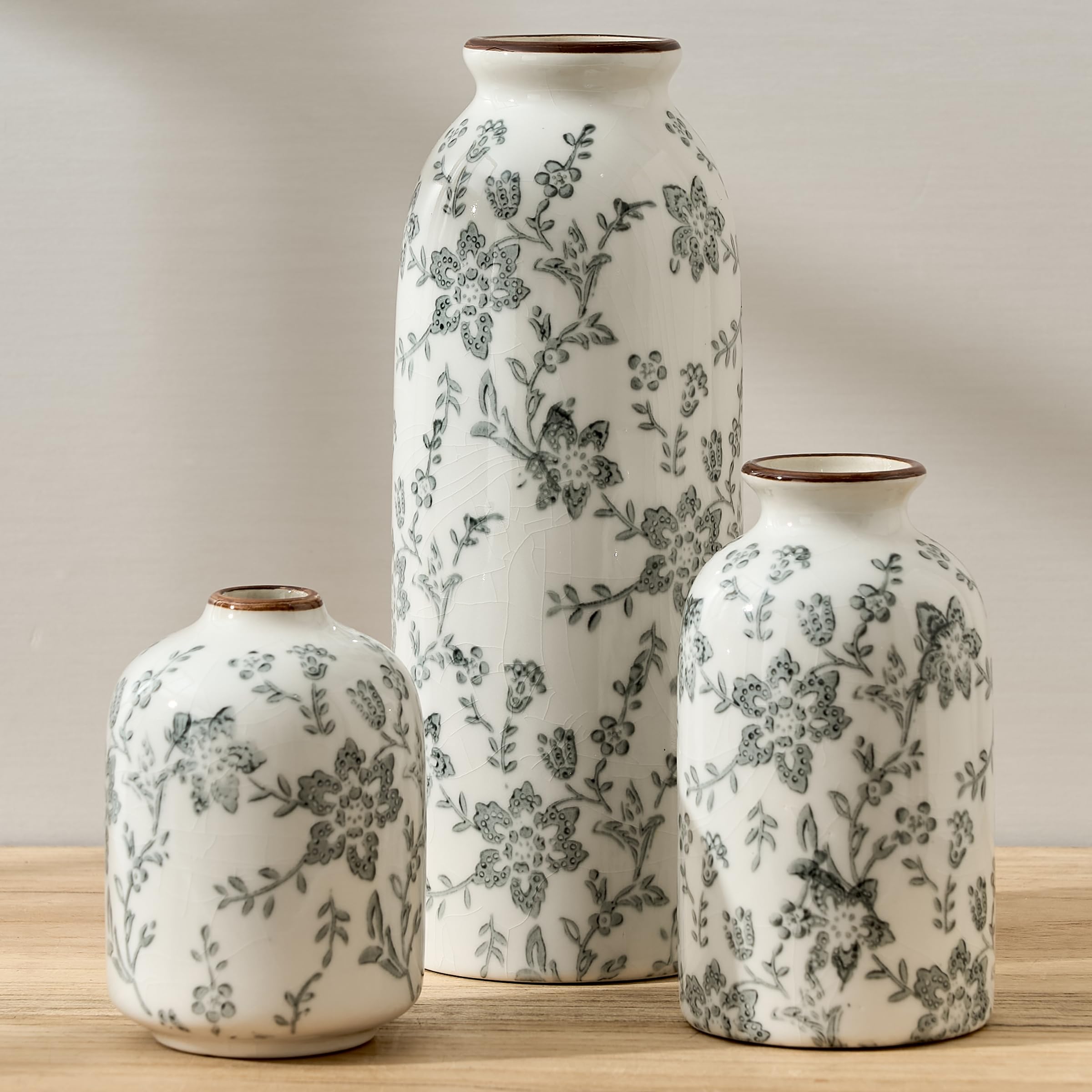 Ceramic Vase Set of 3, Decorative Terracotta Farmhouse Rustic Vases for Living Room Kitchen Bedroom Bathroom Entryway Mantel Table, Pottery Home Decor for Bouquet Pampas Grass Dried Fresh Flowers