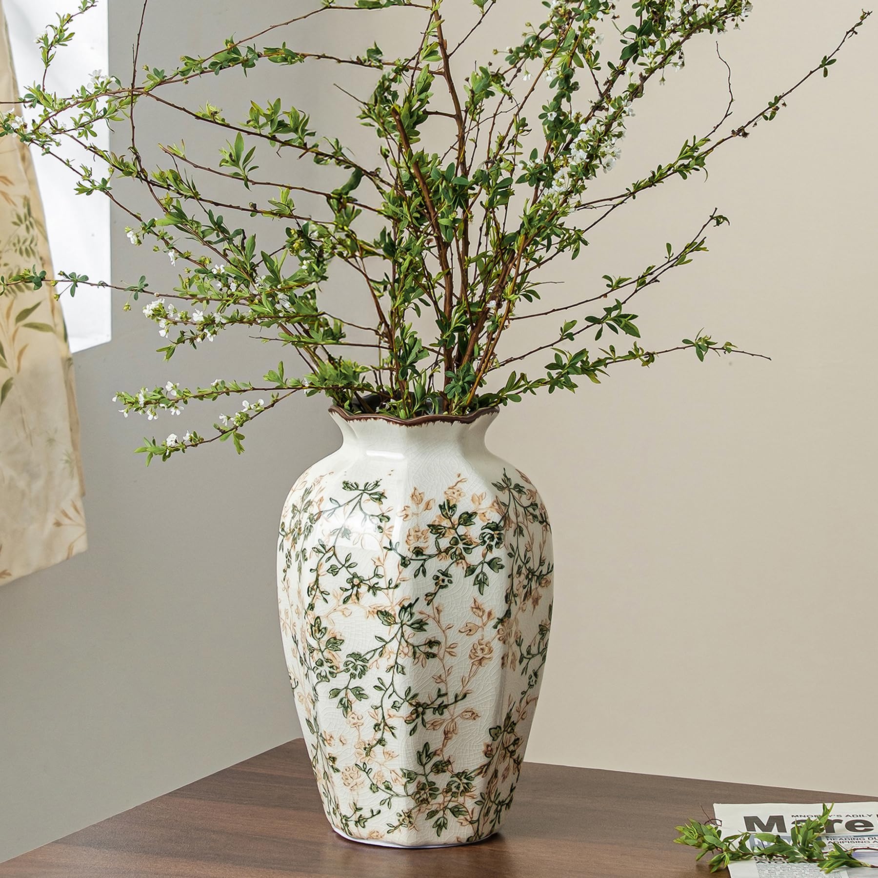 Ceramic Flower Vases Set of 3 | Green Rustic Farmhouse Vase Set for Home Decor, Vintage Floral Decorative Vase for Living Room & Kitchen, Mantel & Bookshelf, Centerpieces, Entryway(5.9+7.9+9.9Inch)
