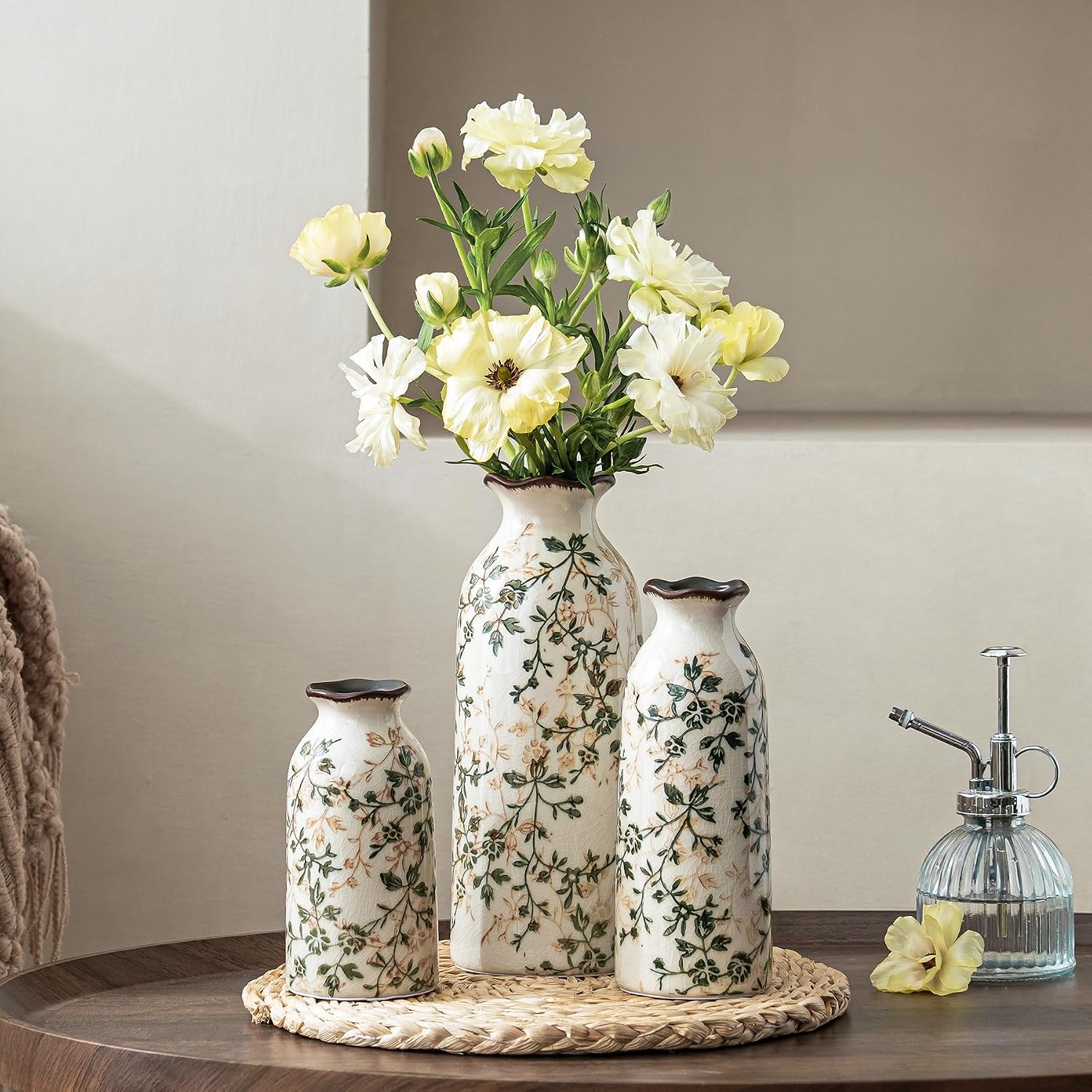Ceramic Flower Vases Set of 3 | Green Rustic Farmhouse Vase Set for Home Decor, Vintage Floral Decorative Vase for Living Room & Kitchen, Mantel & Bookshelf, Centerpieces, Entryway(5.9+7.9+9.9Inch)