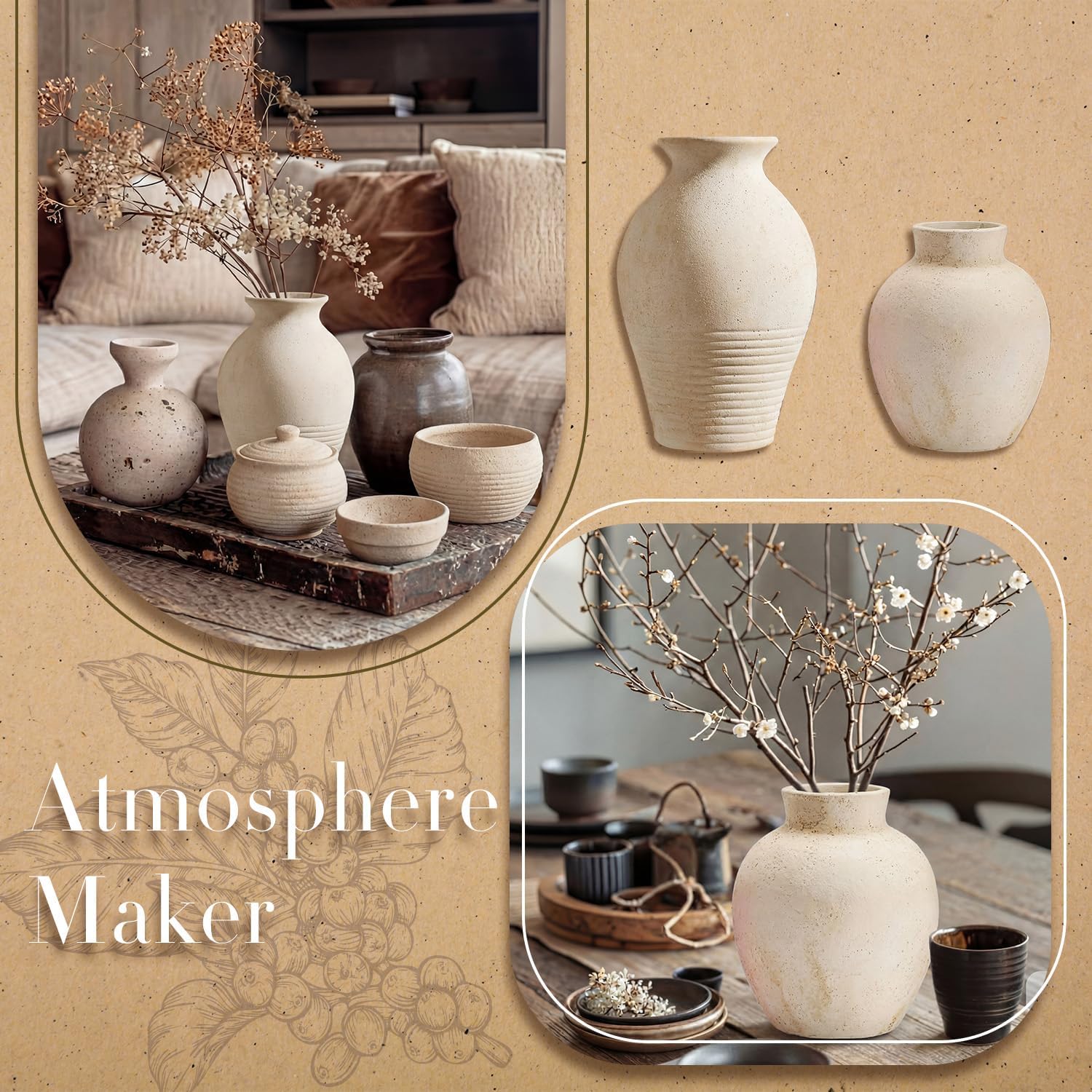 2 Pcs Rustic Farmhouse Vase Terracotta Clay Vase White Pottery Decorative Flower Pot Vintage Decor for Table, Living Room, Shelf, Mantel Decoration