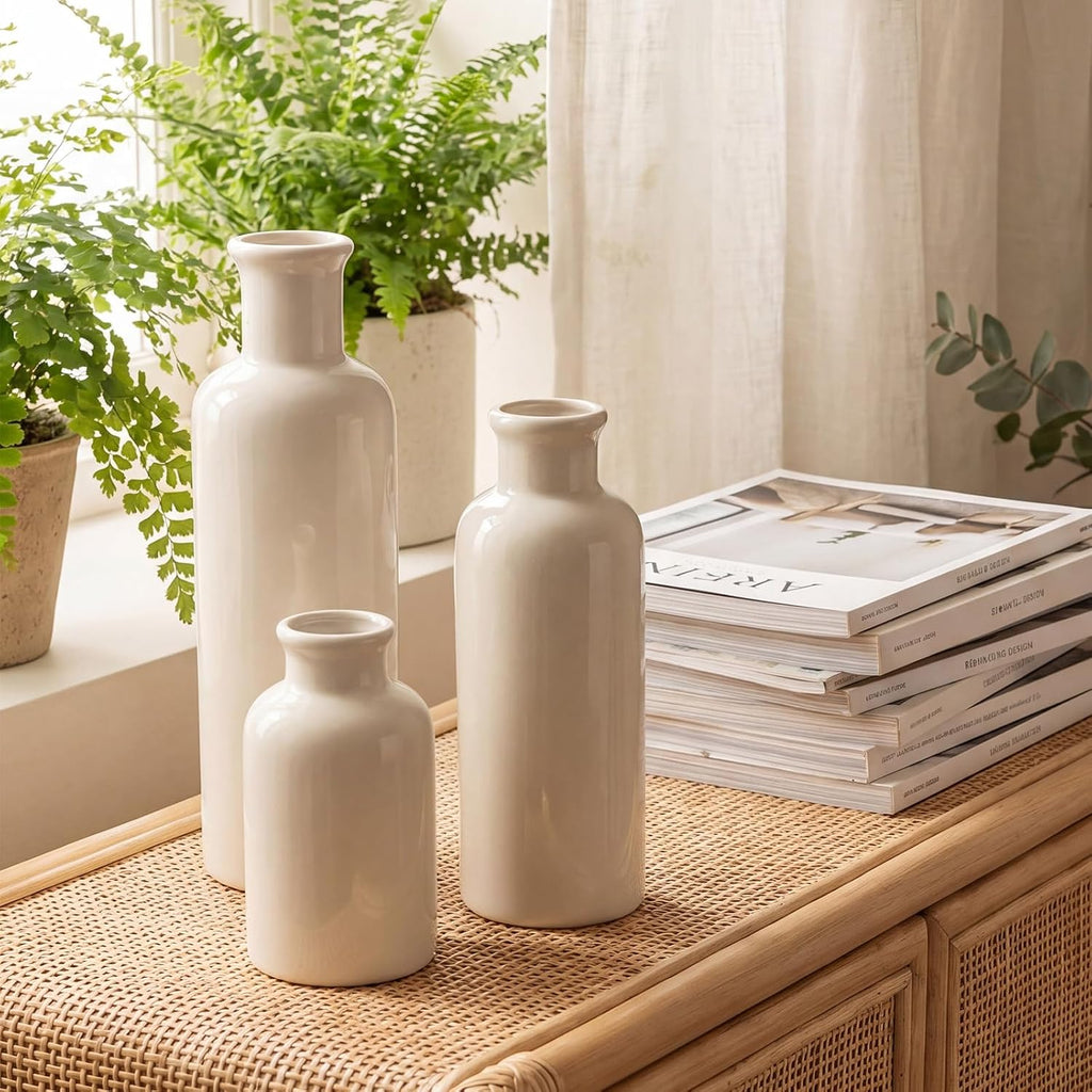 6 Pcs Rustic Boho Table Decor Set Includes Boho White Ceramic Vases and Mini Artificial Potted Plants for Living Room Weeding, Office Desk, Farmhouse Bathroom, and Kitchen Decor