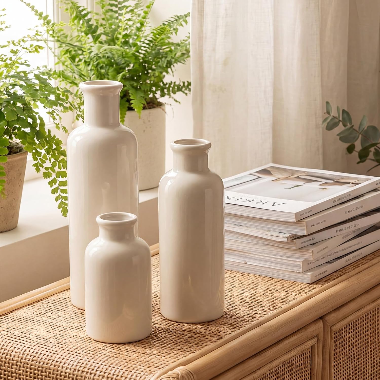 6 Pcs Rustic Boho Table Decor Set Includes Boho White Ceramic Vases and Mini Artificial Potted Plants for Living Room Weeding, Office Desk, Farmhouse Bathroom, and Kitchen Decor