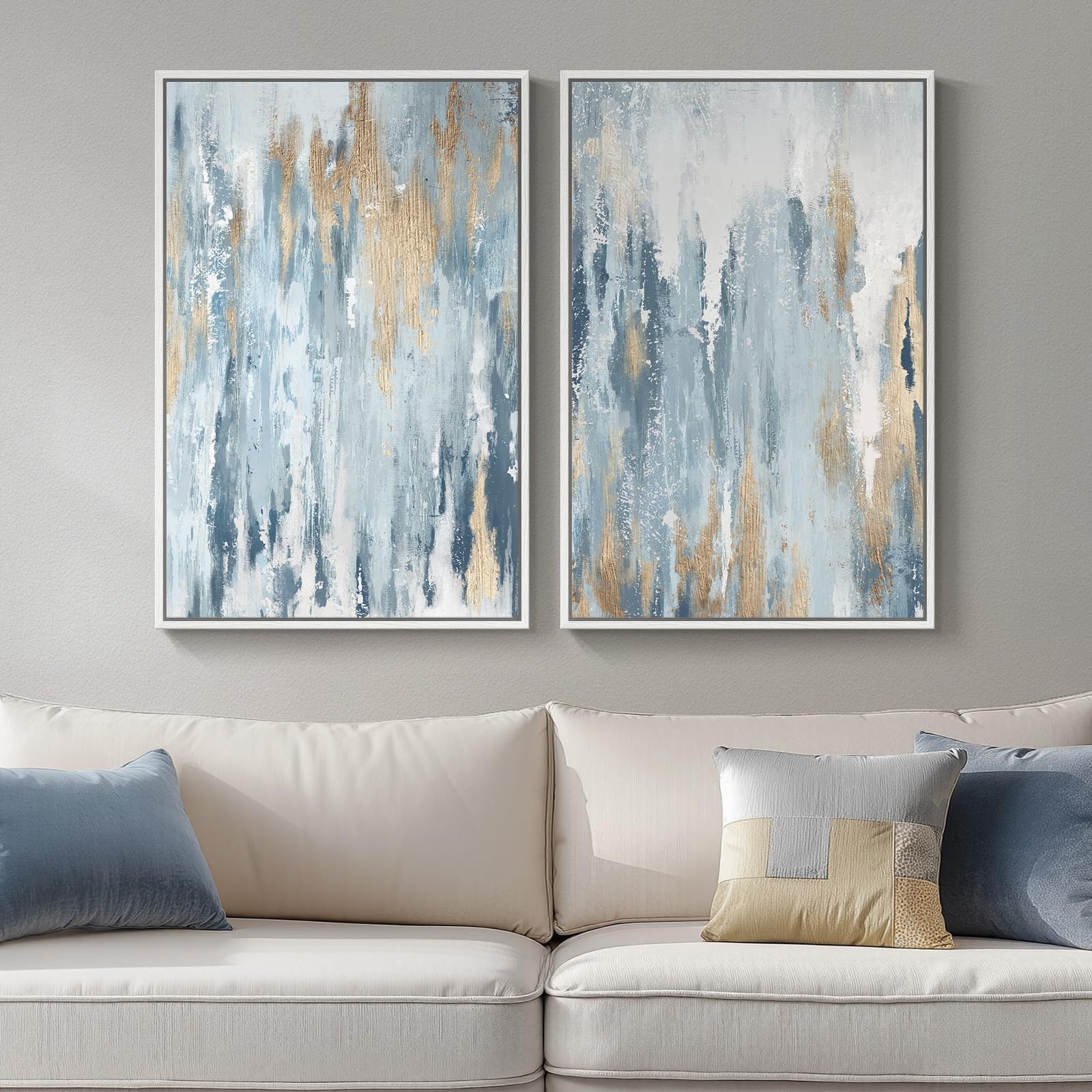 Large Framed Neutral Abstract Wall Art, 2 Piece Modern Canvas Prints Paintings, Beige Gold Abstract Pictures for Living Room Hallway Dining Room Bedroom Office Wall Decor 24x36 In