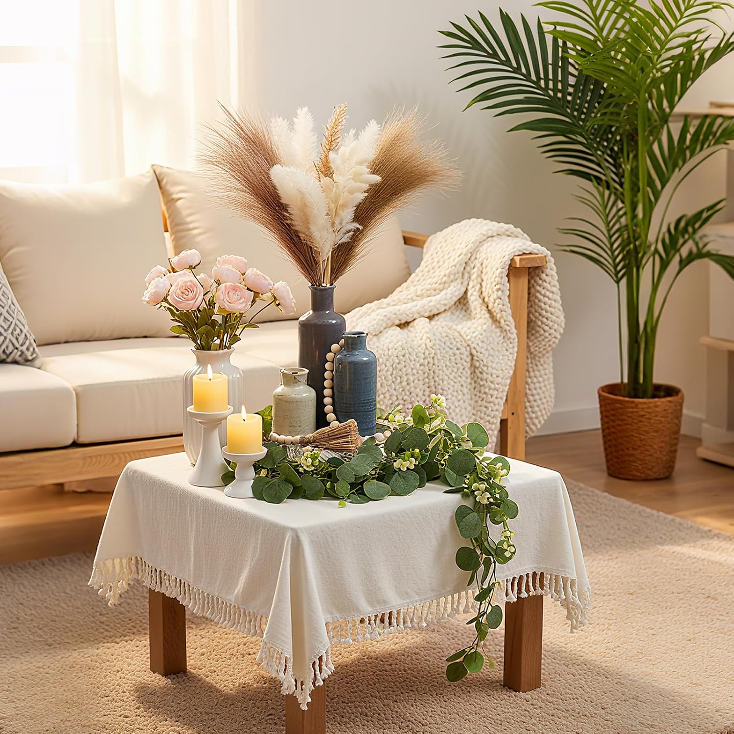 Geelin 6 Pcs Rustic Table Centerpieces, Set of 3 Boho Ceramic Vases, Wooden Serving Tray, Modern Farmhouse Wood Beads Garland Tassel, Artificial Greenery for Home Coffee Tabletop Decor(Morandi)