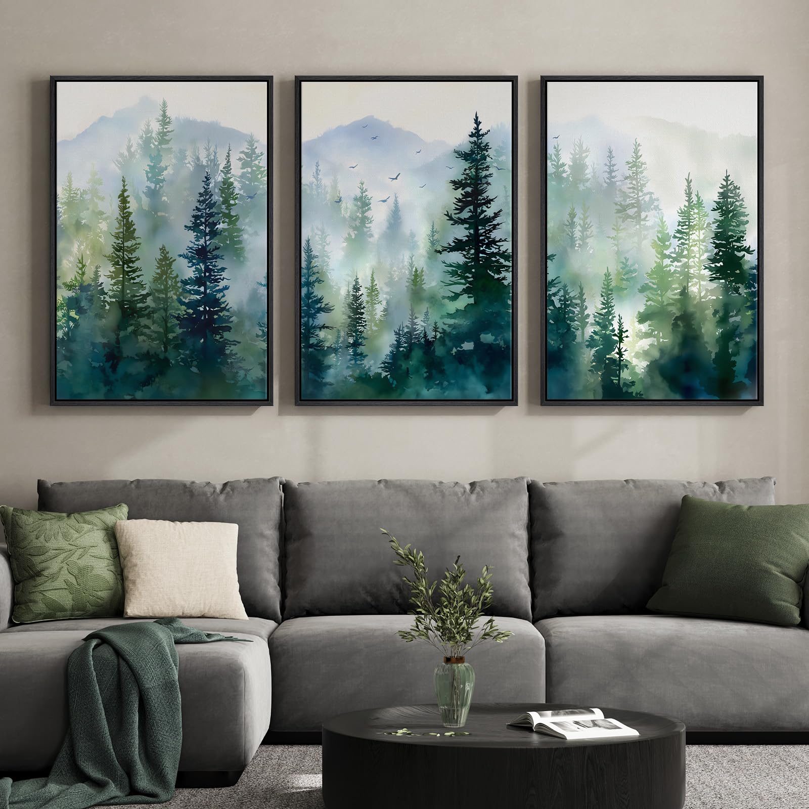 Large Framed Neutral Abstract Landscape Set of 3 Living Room Wall Art, Modern Misty Pine Forest Canvas Artwork for Walls, Beige Rustic Farmhouse Nature Wall Decor for Bedroom Hallway Office, 24x36 In
