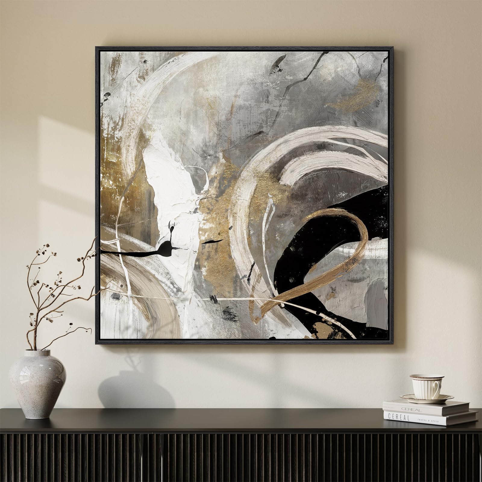 Framed Neutral Abstract Wall Art, Large Modern Canvas Prints Paintings Artwork for Walls, Minimalist Earth Tone Abstract Pictures for Living Room Lounge Dining Bedroom Office Wall Decor 30x30 In