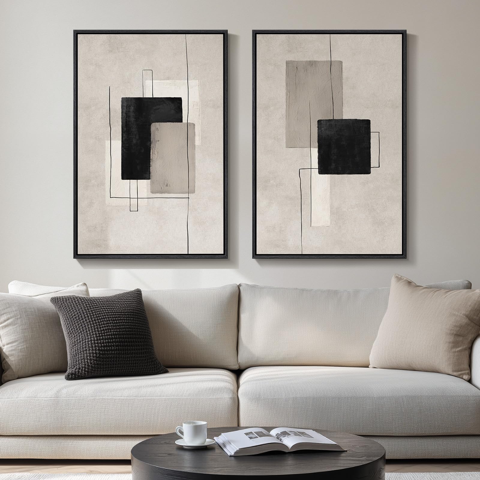 24x36 Inch 2-Piece Framed Black Beige Abstract Canvas Prints, Minimalist Black White Wall Art Decor for Living Room, Dining, Hallway & Bedroom