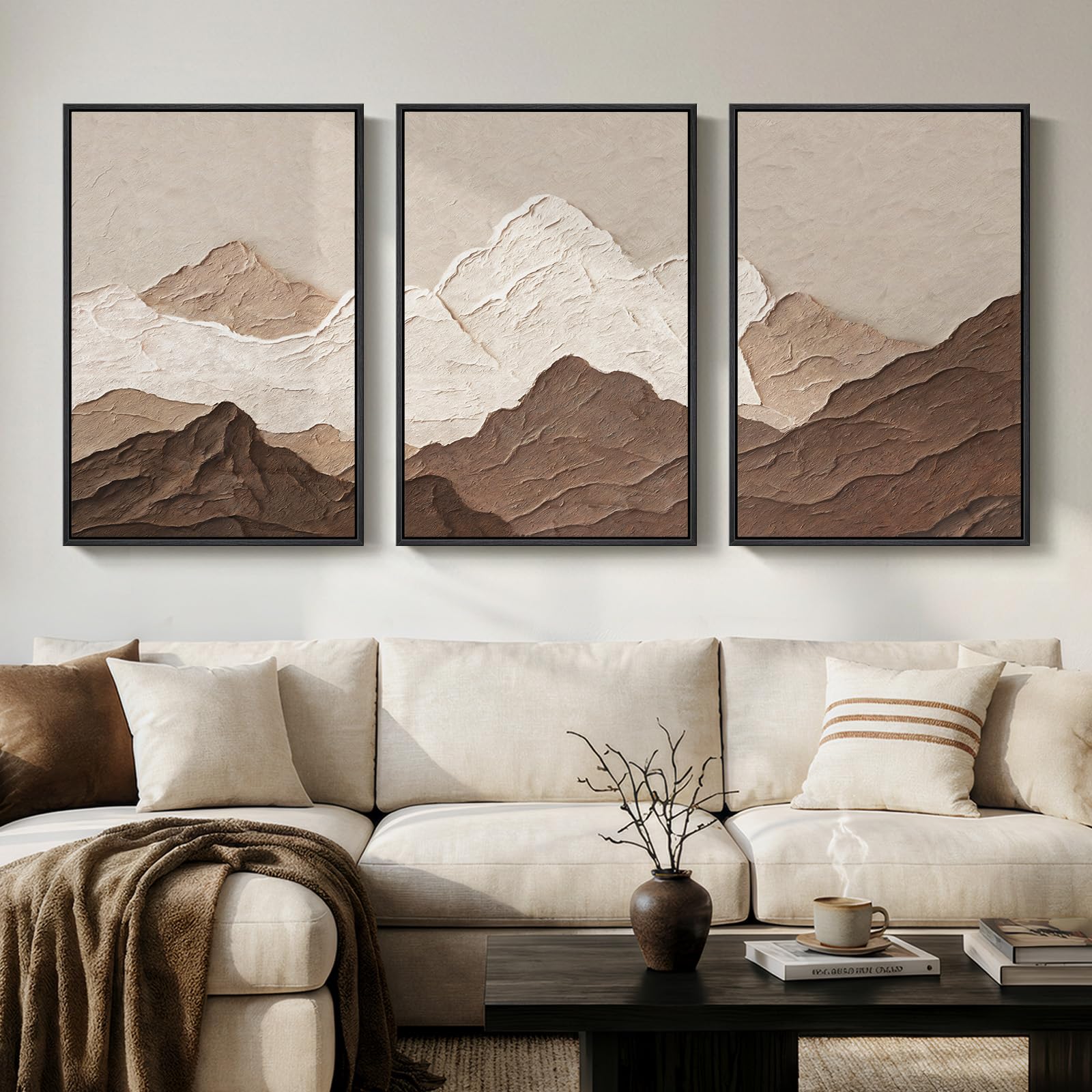Large Framed Neutral Abstract Landscape Set of 3 Living Room Wall Art, Modern Misty Pine Forest Canvas Artwork for Walls, Beige Rustic Farmhouse Nature Wall Decor for Bedroom Hallway Office, 24x36 In