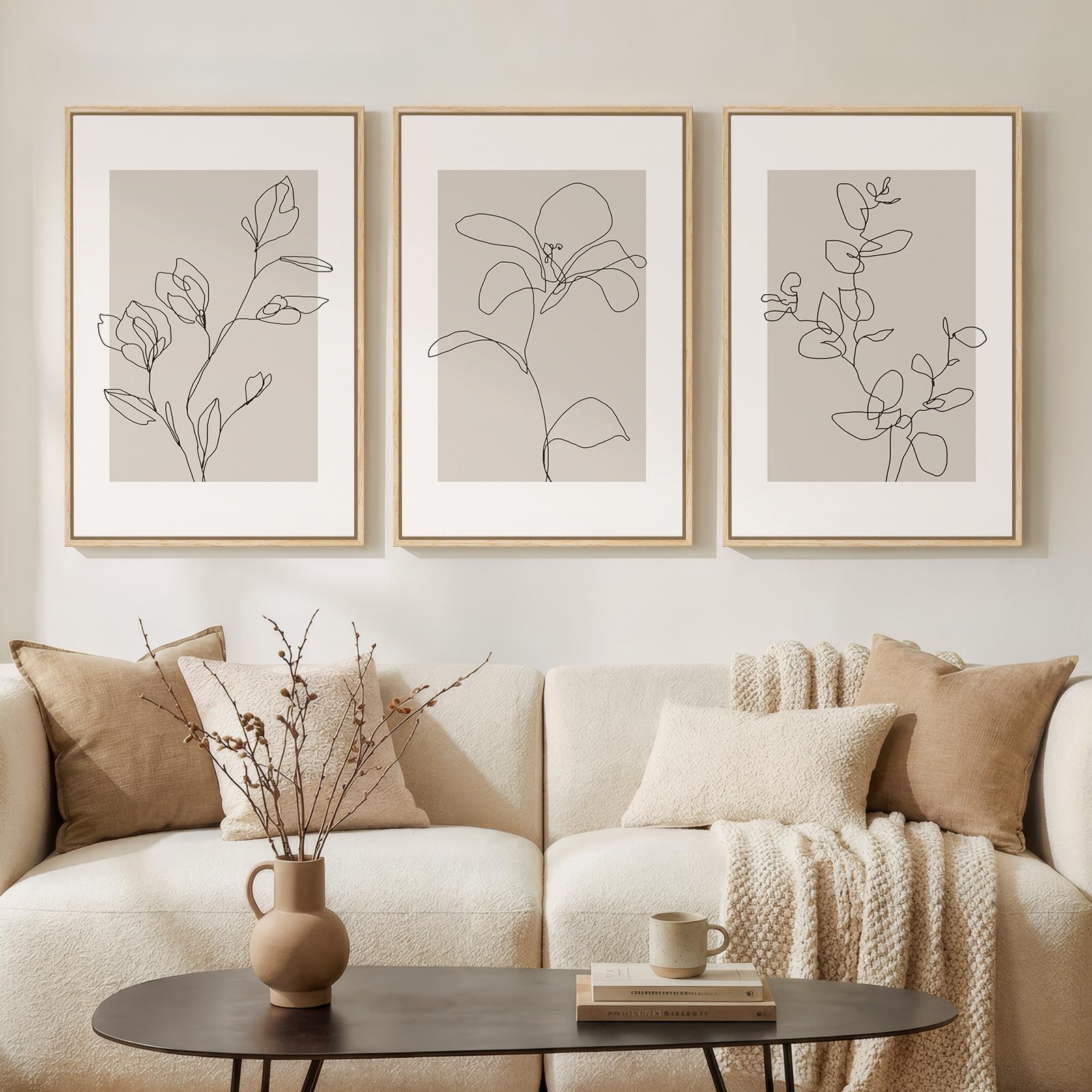 Framed Abstract Sage Green 3 Piece Wall Art for Living Room, Modern Neutral Waves Botanical Canvas Artwork for Walls, Minimalist Wabi Sabi Rustic Nature Print Wall Decor for Bedroom Office, 16x24 Inch