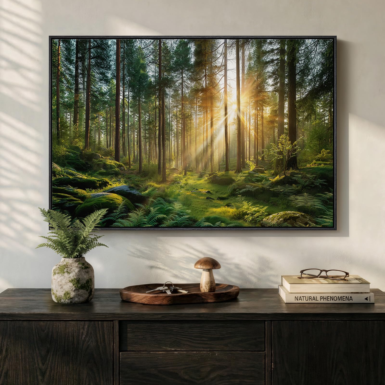 Framed Blue Abstract Forest Wall Art, Horizontal Watercolor Canvas Artwork for Walls, Modern Picture Print Wall Decor, Abstract Landscape Artwork for Living Room Bedroom Office Dining Room, 24x36 Inch