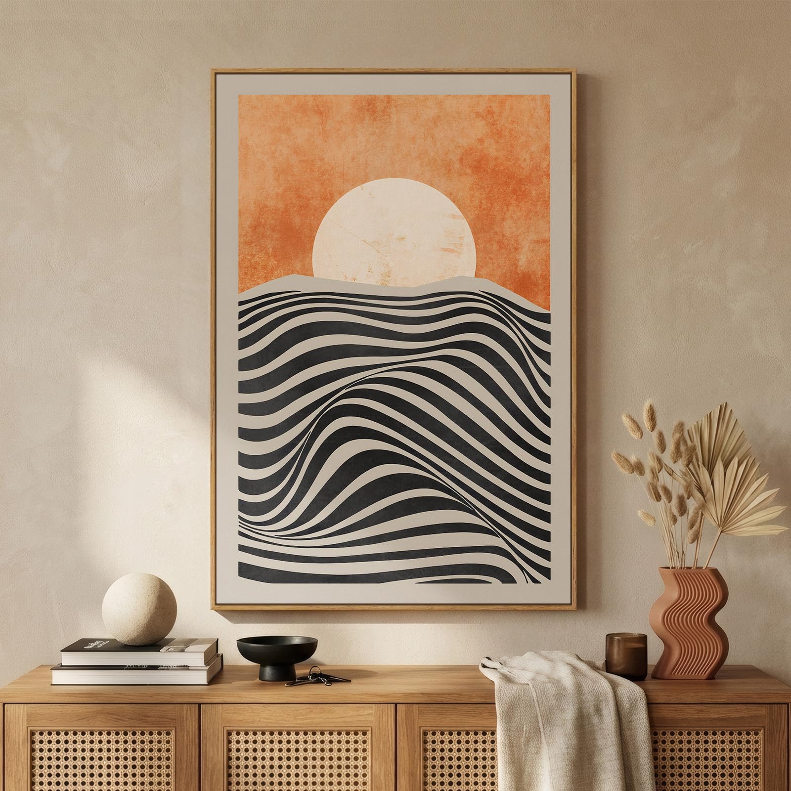 Framed Boho Abstract Wall Art for Living Room, Neutral Black Beige Wabi Sabi Botanical Leaf Prints Canvas Artwork for Walls, Minimalist Mid Century Modern Wall Decor for Bedroom Home Office, 24x36 In